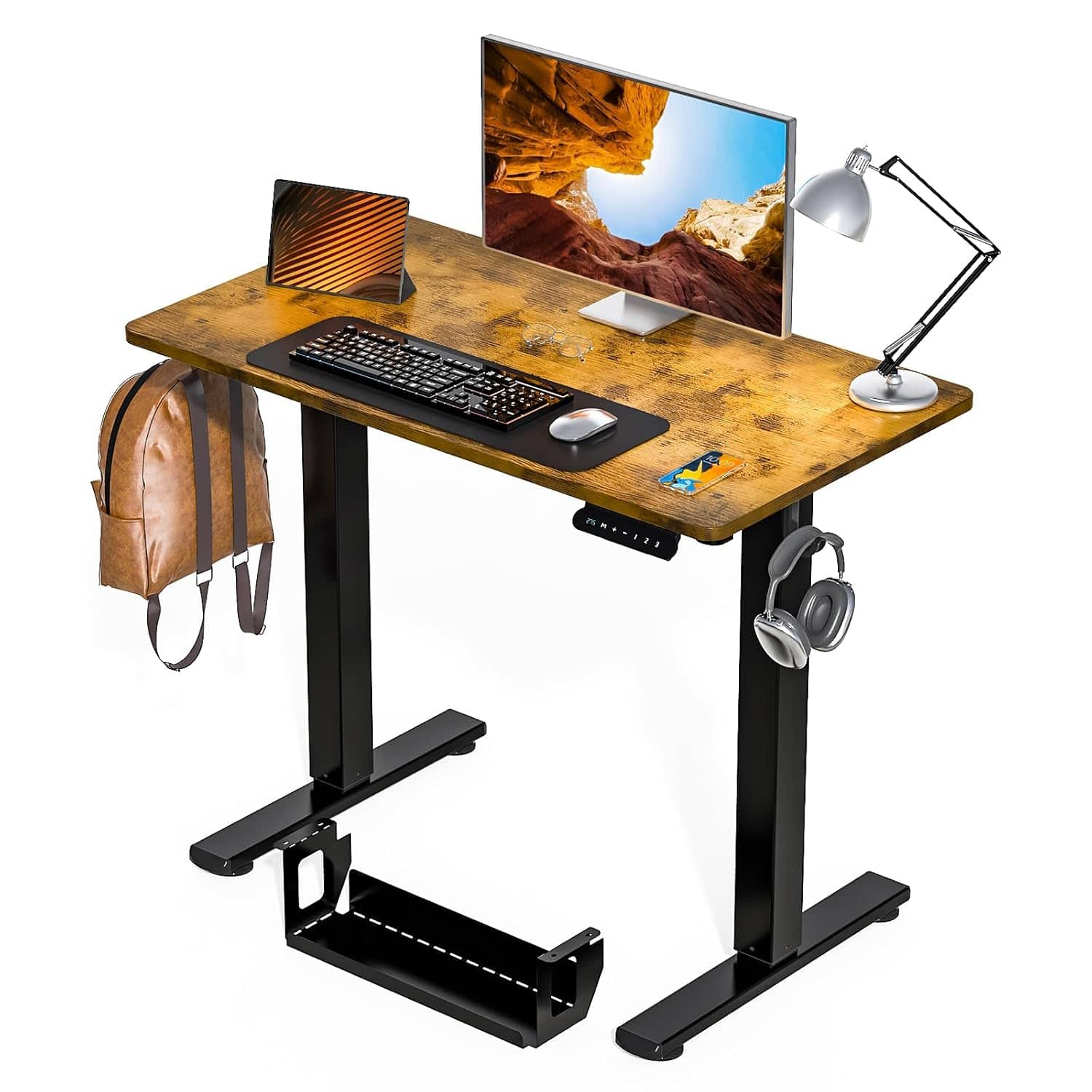 Zell Electronics - 35 Inch x 20 Inch Black Electric DeskSmall Adjustable Sit-Stand Table with Cable Management - Rustic Brown