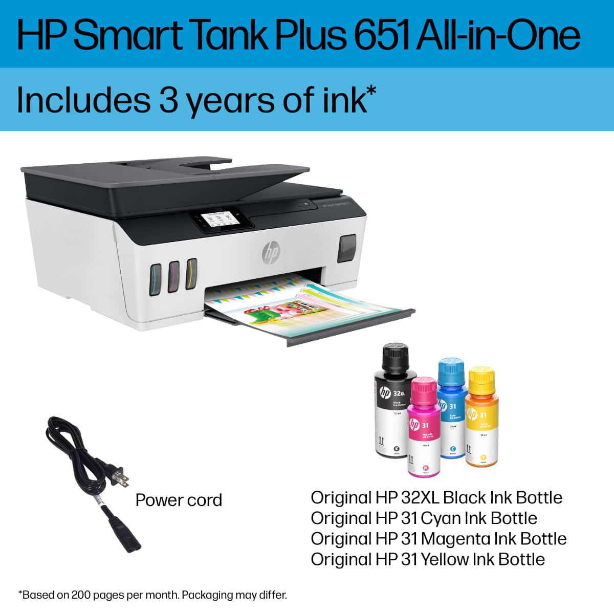 HP Smart Tank Plus 651 All-in-One
Includes 3 years of ink*
Power cord
Original HP 32XL Black Ink Bottle
Original HP 31 Cyan Ink Bottle
Original HP 31 Magenta Ink Bottle
Original HP 31 Yellow Ink Bottle
*Based on 200 pages per month. Packaging may differ.