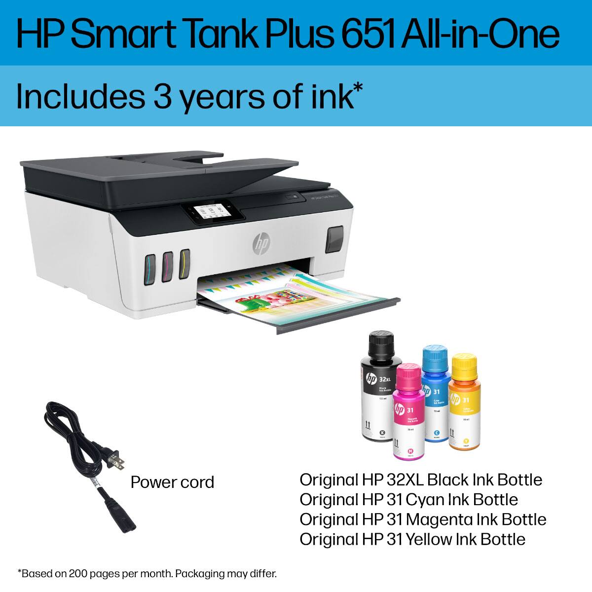 HP Smart Tank Plus 651 All-in-One  
Includes 3 years of ink*  

Power cord  

Original HP 32XL Black Ink Bottle  
Original HP 31 Cyan Ink Bottle  
Original HP 31 Magenta Ink Bottle  
Original HP 31 Yellow Ink Bottle  

*Based on 200 pages per month. Packaging may differ.