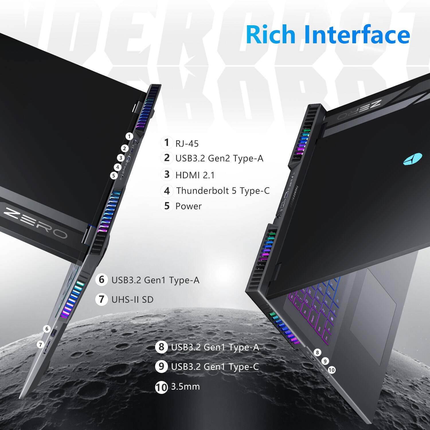 Rich Interface

1. RJ-45
2. USB3.2 Gen2 Type-A
3. HDMI 2.1
4. Thunderbolt 5 Type-C
5. Power
6. USB3.2 Gen1 Type-A
7. UHS-II SD
8. USB3.2 Gen1 Type-A
9. USB3.2 Gen1 Type-C
10. 3.5mm