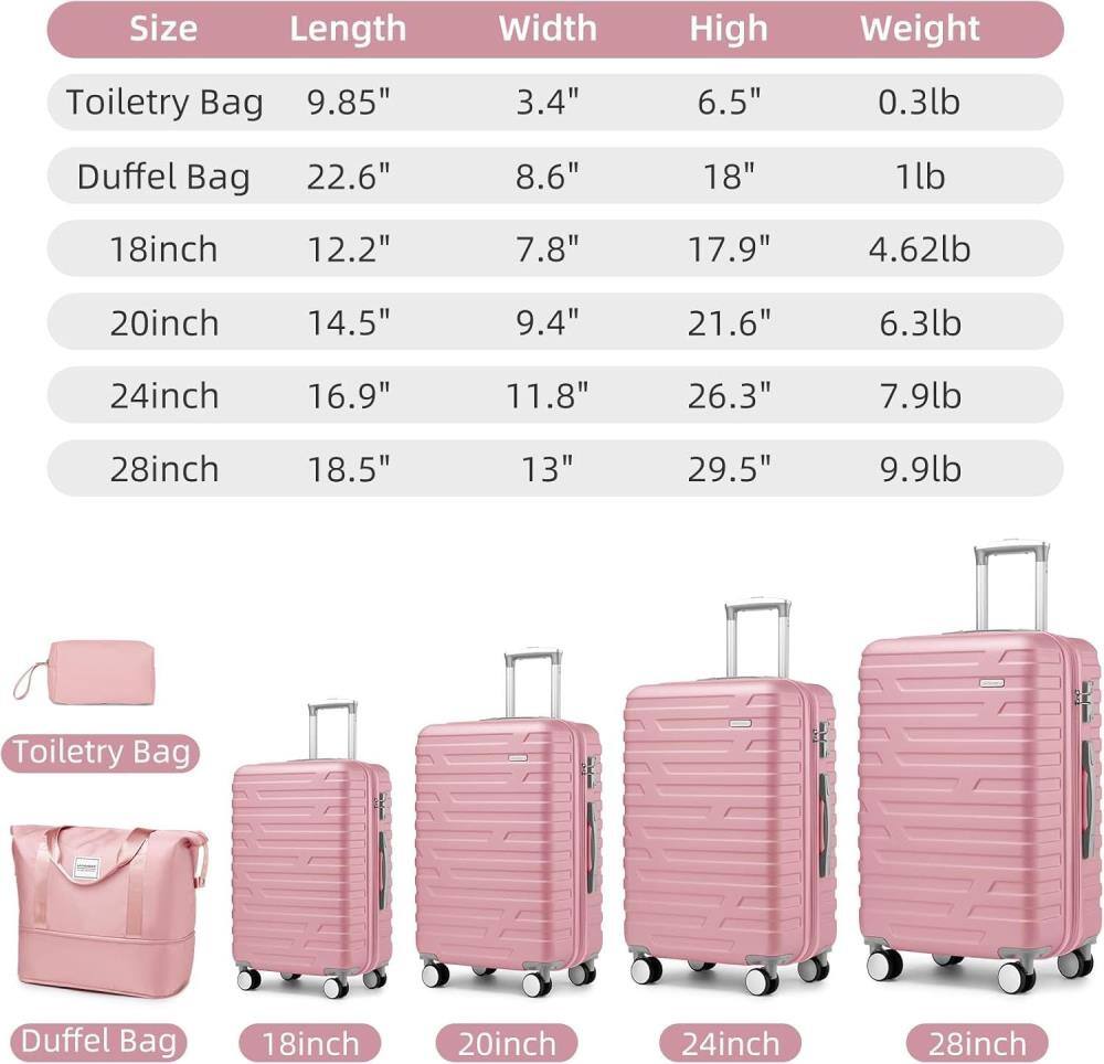 Toiletry Bag  
- Length: 9.85"  
- Width: 3.4"  
- Height: 6.5"  
- Weight: 0.3lb  

Duffel Bag  
- Length: 22.6"  
- Width: 8.6"  
- Height: 18"  
- Weight: 1lb  

18inch  
- Length: 12.2"  
- Width: 7.8"  
- Height: 17.9"  
- Weight: 4.62lb  

20inch  
- Length: 14.5"  
- Width: 9.4"  
- Height: 21.6"  
- Weight: 6.3lb  

24inch  
- Length: 16.9"  
- Width: 11.8"  
- Height: 26.3"  
- Weight: 7.9lb  

28inch  
- Length: 18.5"  
- Width: 13"  
- Height: 29.5"  
- Weight: 9.9lb