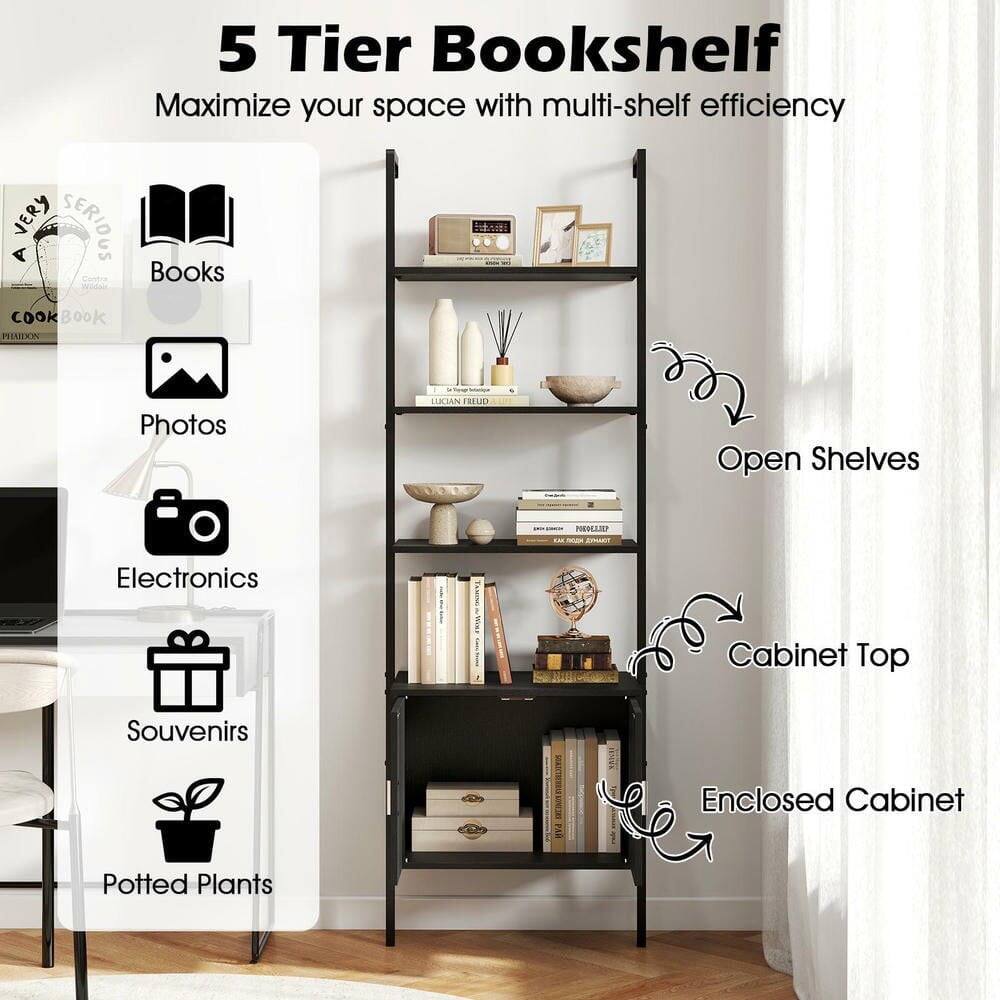 5 Tier Bookshelf  
Maximize your space with multi-shelf efficiency

- Books
- Photos
- Electronics
- Souvenirs
- Potted Plants

Open Shelves  
Cabinet Top  
Enclosed Cabinet