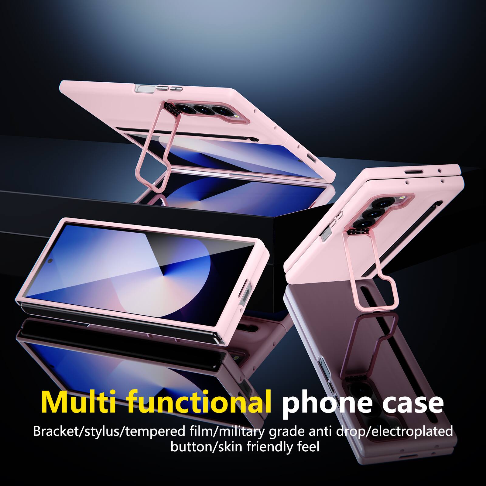 Multi functional phone case  
Bracket/stylus/tempered film/military grade anti drop/electroplated button/skin friendly feel