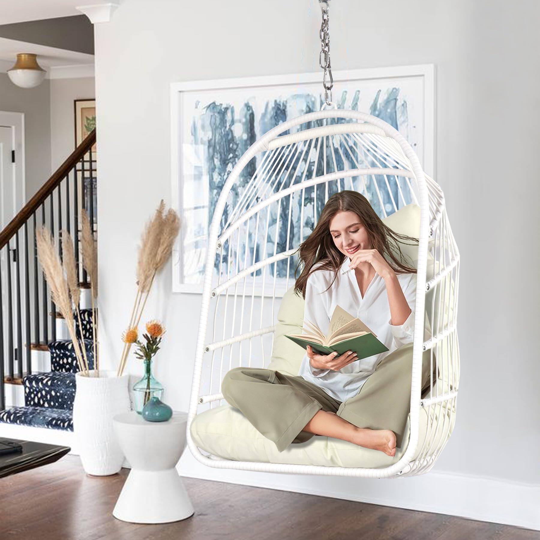 Back. Fabibe - Egg Chair Foldable Wicker Rattan Hanging Swing Chairs Indoor Outdoor Patio Wicker Chair Hammock Chair with... - White(chair).