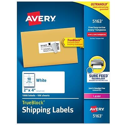 **Avery 5163**

**UltraHold**  
Lobels stick and stay guaranteed

**Free Easy-to-Use Avery Templates**  
avery.com/templates

**Springhill**

**TrueBlock**  
Completely Covers Everything Underneath

**Sure Feed Technology**  
Design is Printed

**2" x 4"**  
(51mm x 102mm)

**White**

**1000 Labels - 100 Sheets**

**Jan & Smodge Free**  
Guaranteed

**Laser**

**Shipping Labels**

**Avery 5163**