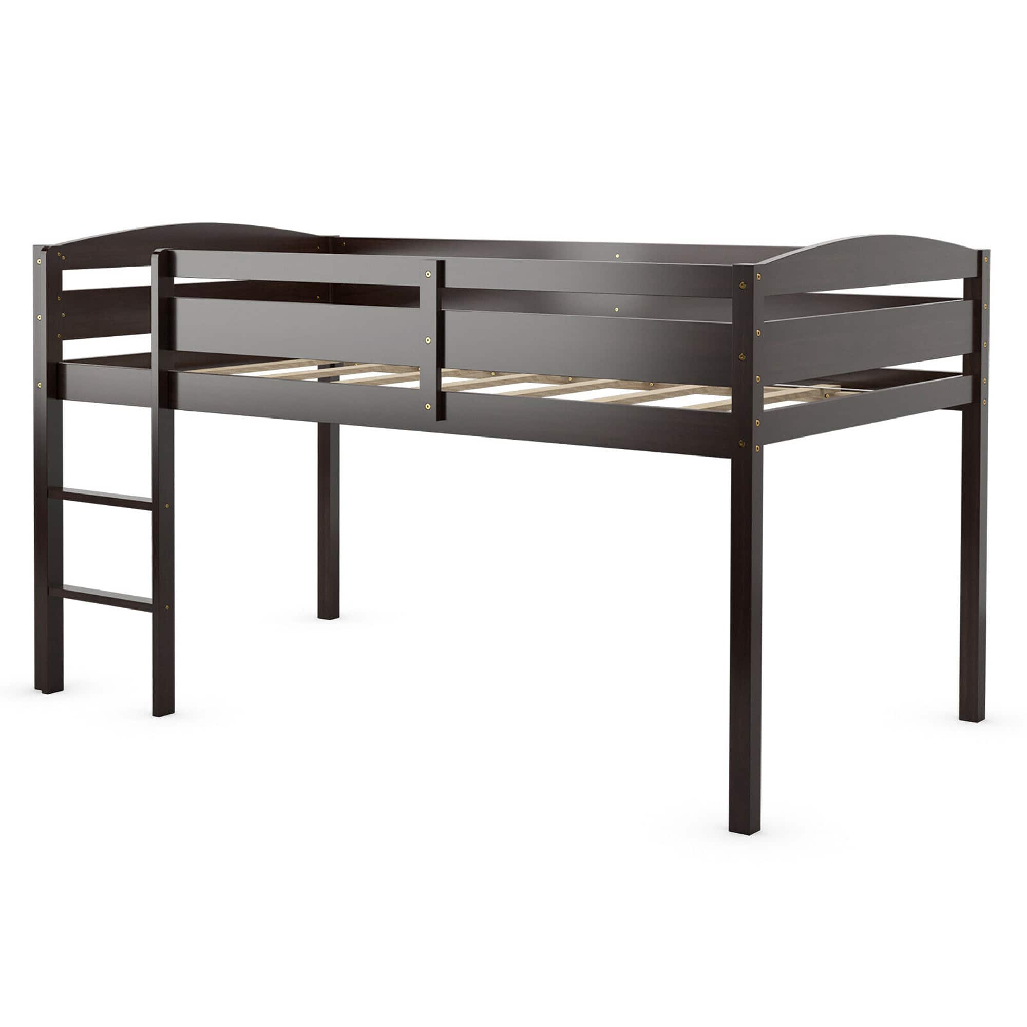 Costway - Twin Low Loft Bunk Junior Bed Bedroom Wooden Guard Rail Ladder - Espresso