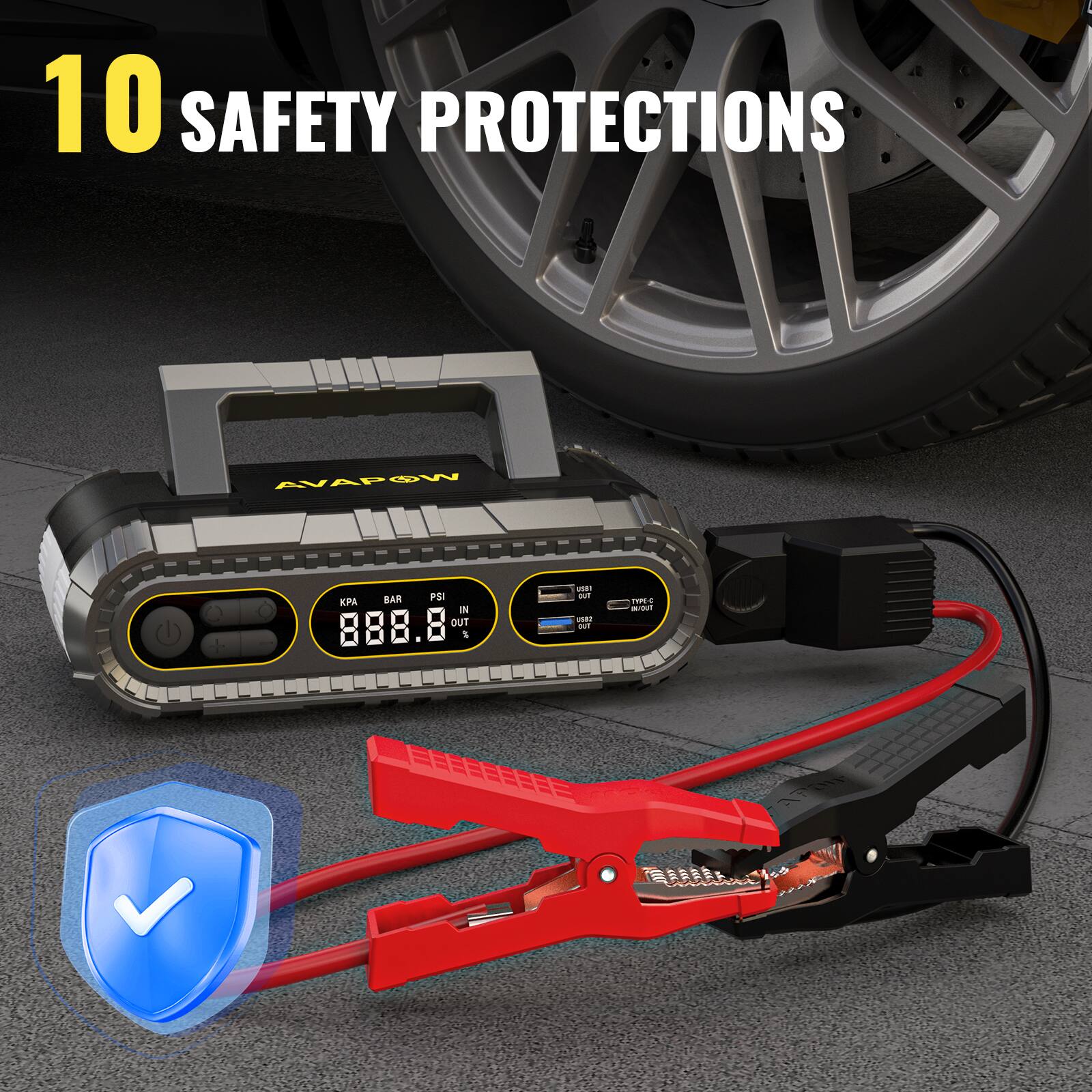 10 SAFETY PROTECTIONS

AVAPOW

BAR PSI KPA IN 888.8 OUT %

USB IN/OUT

TYPE-G IN/OUT