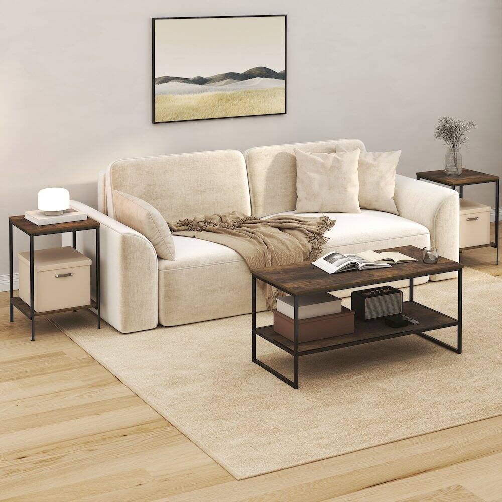 Angle. Furinno - SIMPLISTIC Coffee Table and End Table Set of 3, Modern Metal Frame Coffee Table & 2 Square Side Tables, Night Stands Set - Amber Pine.
