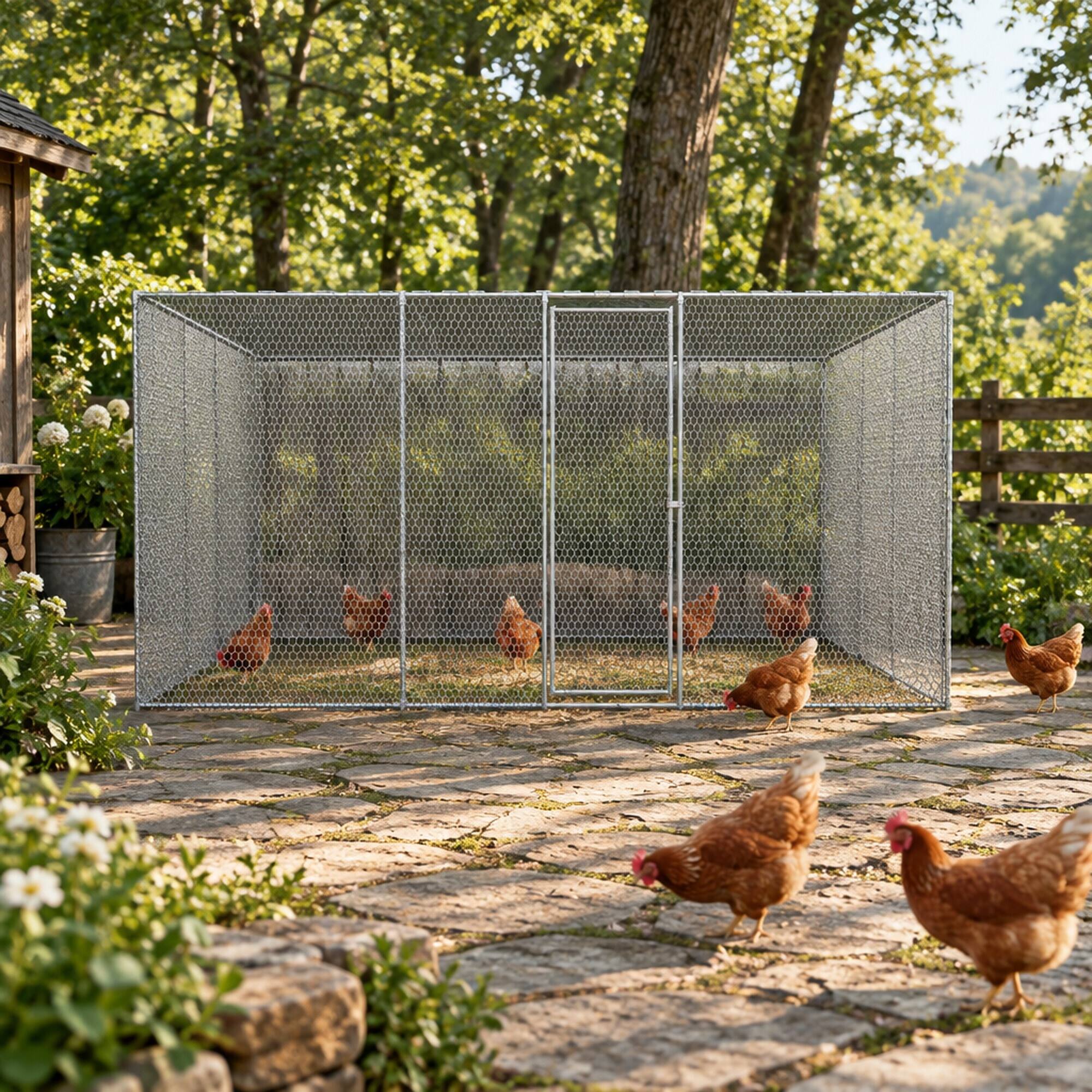 Angle. RYHNUYNE - Chicken Coop 9.8x6.5x6.5 ft, Galvanized Steel Frame, PVC-Coated Wire Mesh, Green Cover, Outdoor Pet Enclosure.