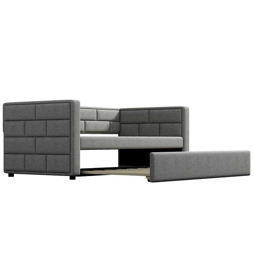 Alt View 6. Loheer - Loheer Twin Daybed with Trundle, Gray Upholstered Guest Bed with Padded Back, No Box Spring Needed - Gray.