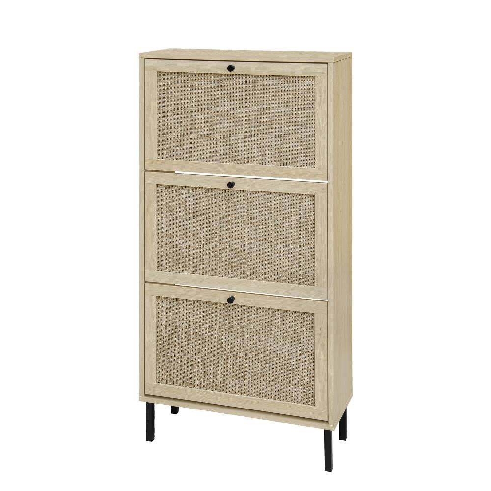 Alt View 10. Loheer - Loheer Rattan 3 Door Shoe Rack, Freestanding Modern Shoe Storage Cabinet, Natural Finish - Natural.