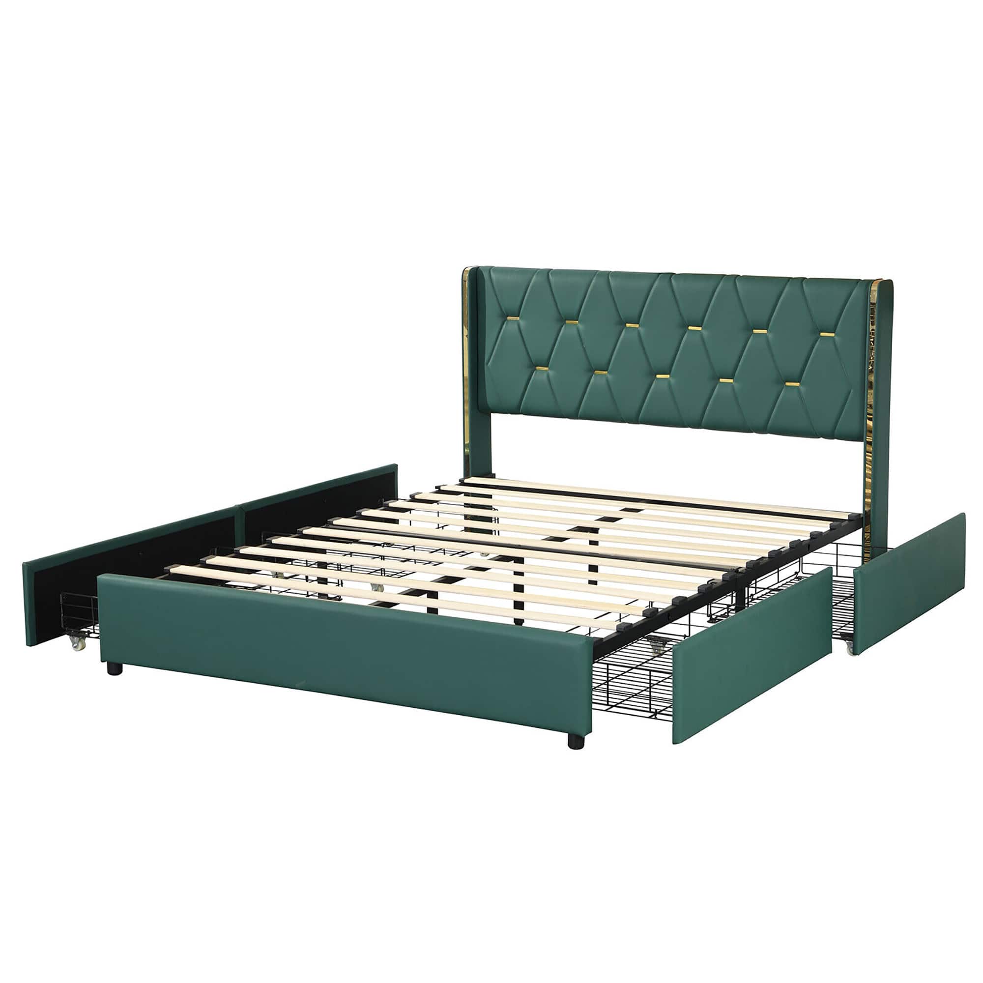 Front. Costway - Costway Full Upholstered Bed Frame with 4 Storage Drawers Headboard - Green.