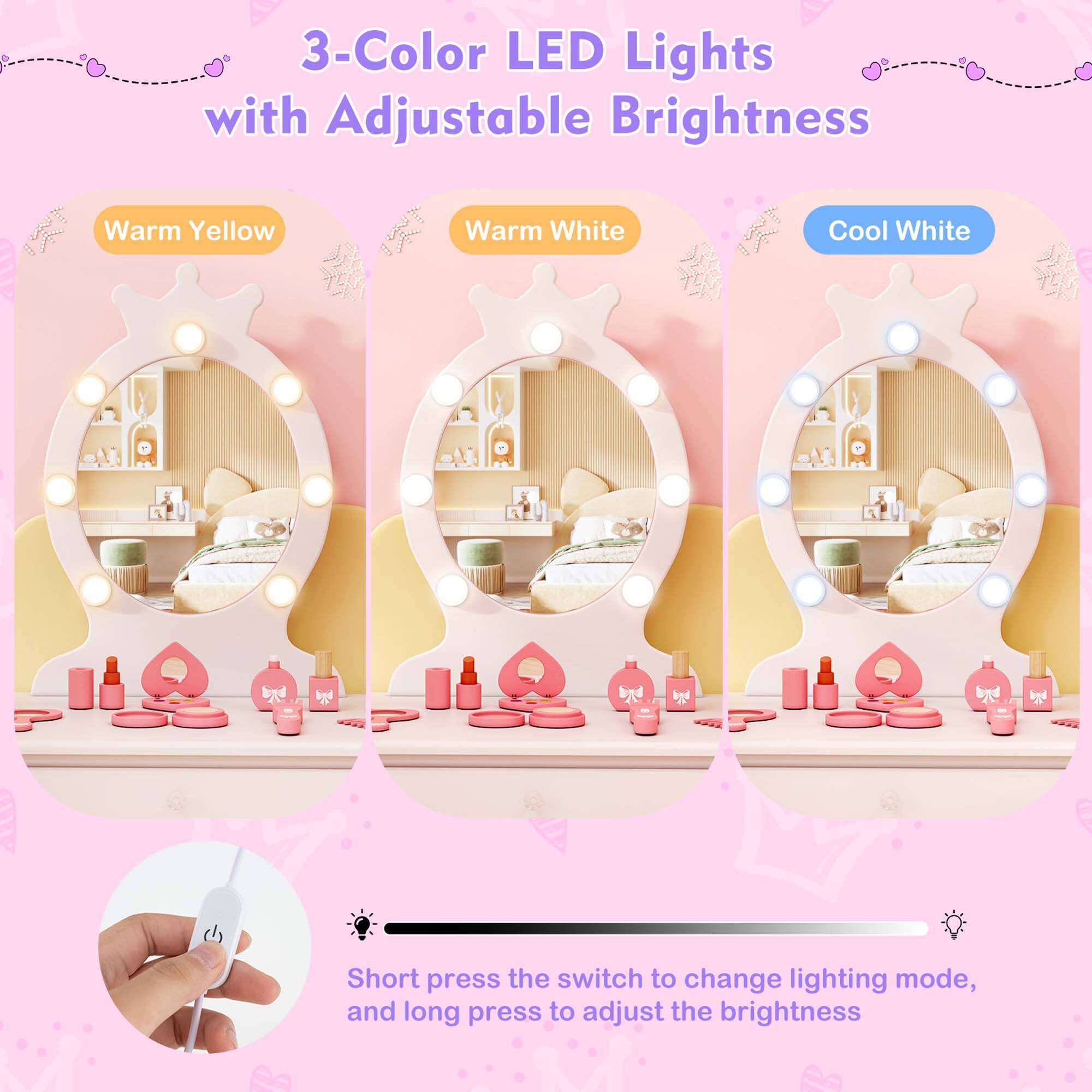 3-Color LED Lights with Adjustable Brightness

- Warm Yellow
- Warm White
- Cool White

Short press the switch to change lighting mode, and long press to adjust the brightness.