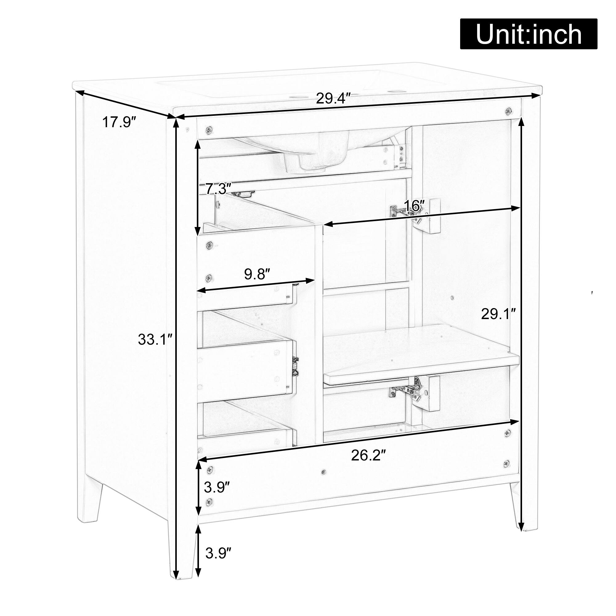 Unit: inch  
17.9"  
29.4"  
7.3"  
16"  
9.8"  
29.1"  
33.1"  
26.2"  
3.9"  
3.9"
