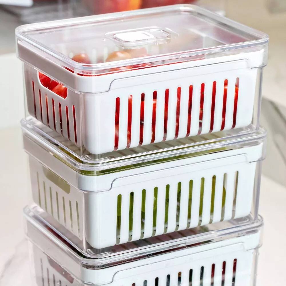 Back. OU - OU Fridge Organizer Bins with Drain Basket & Vented Lid, Clear Refrigerator Storage Bin, 4 Pack - Clear.
