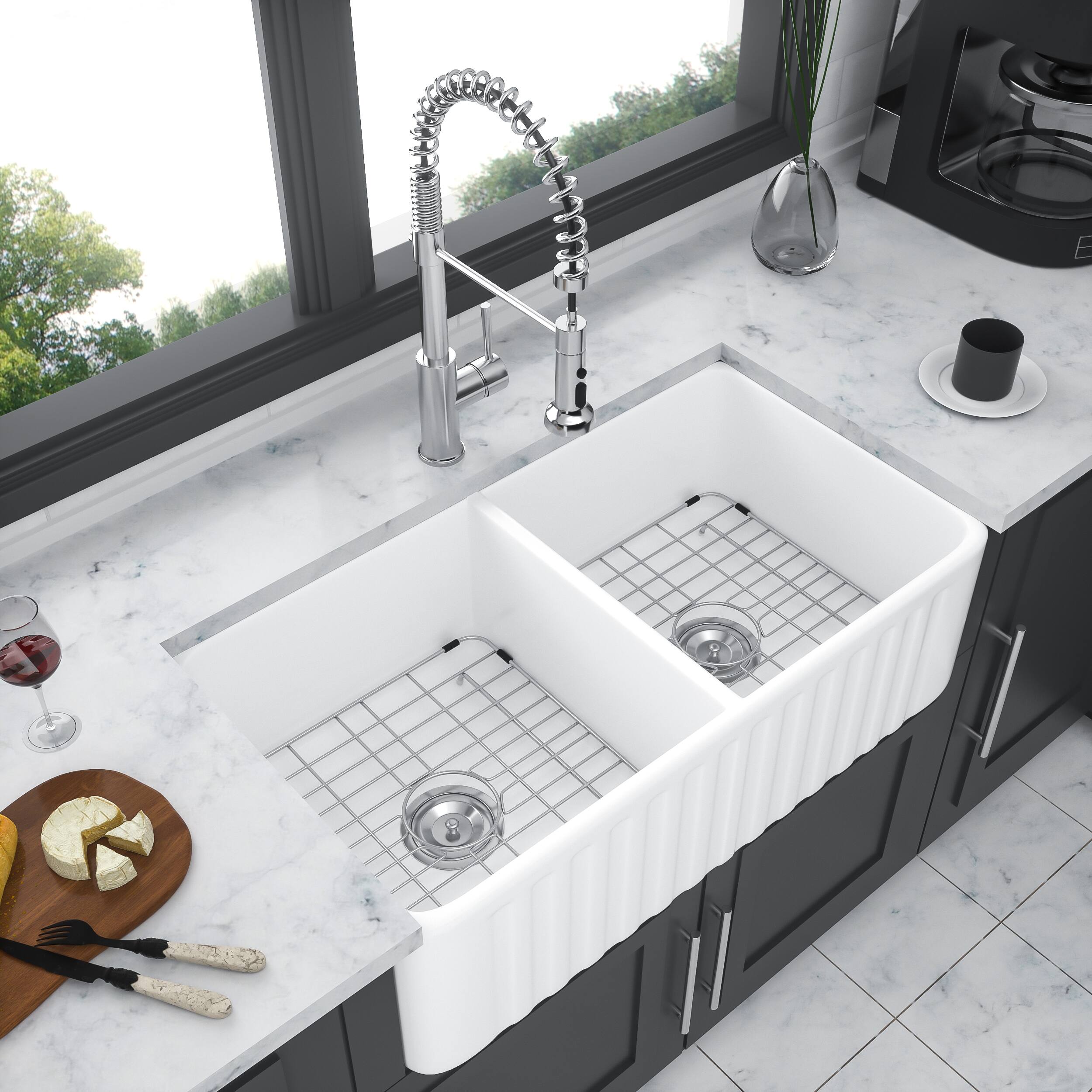 Alt View 1. Siljoy - White Farmhouse Sink - 33 x 18 x 10" Kitchen Sink Apron Front Double Bowl 50/50 Porcelain Ceramic Kitchen Farm Sink - White.