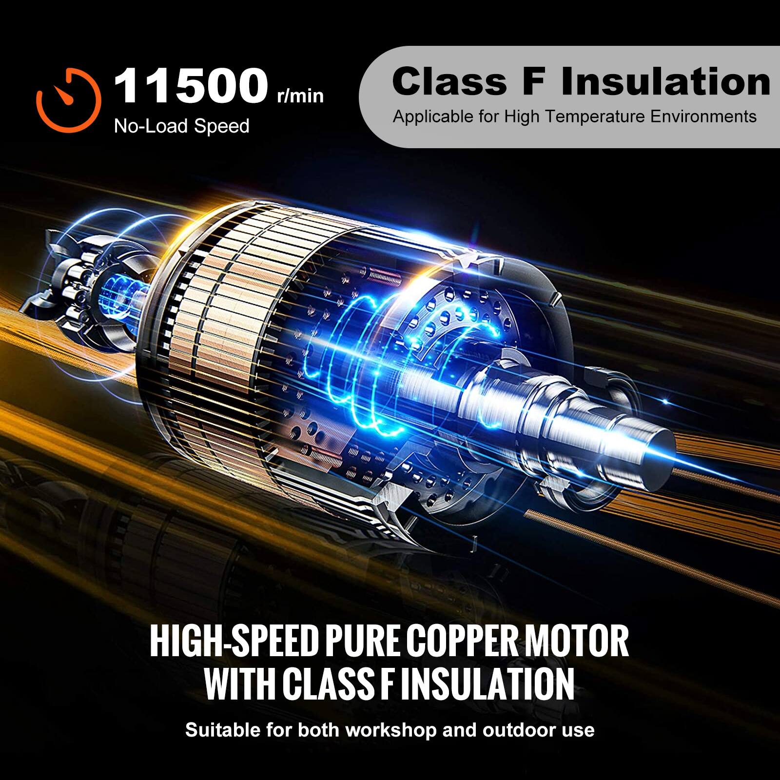 11500 r/min No-Load Speed  
Class F Insulation  
Applicable for High Temperature Environments  
HIGH-SPEED PURE COPPER MOTOR WITH CLASS F INSULATION  
Suitable for both workshop and outdoor use