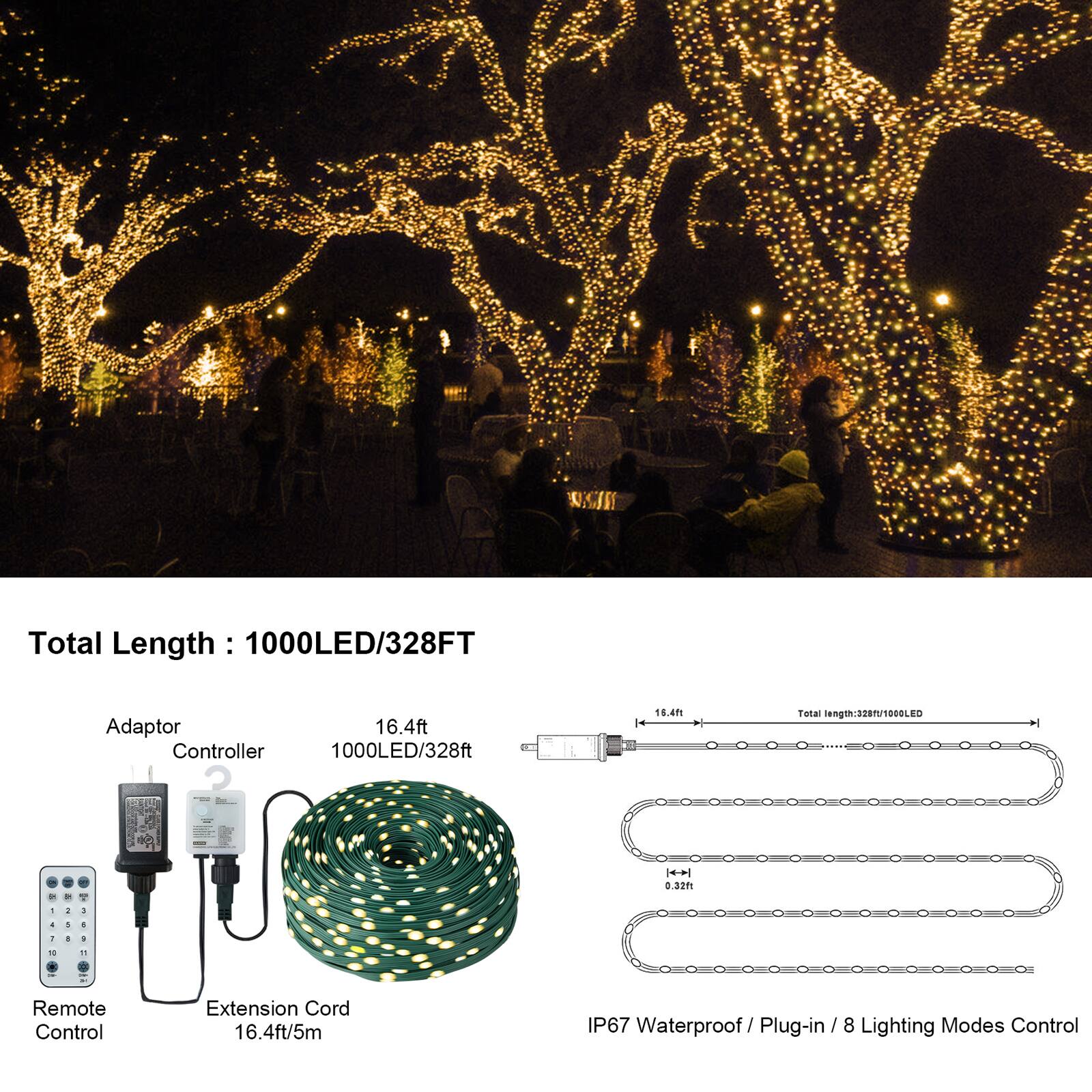 Total Length: 1000LED/328FT  
Adaptor  
Controller 1000LED/328ft  
16.4ft  
Total length: 328ft/1000LED  
|<->| 0.32ft  
Remote Control  
Extension Cord 16.4ft/5m  
IP67 Waterproof/Plug-in  
8 Lighting Modes Control