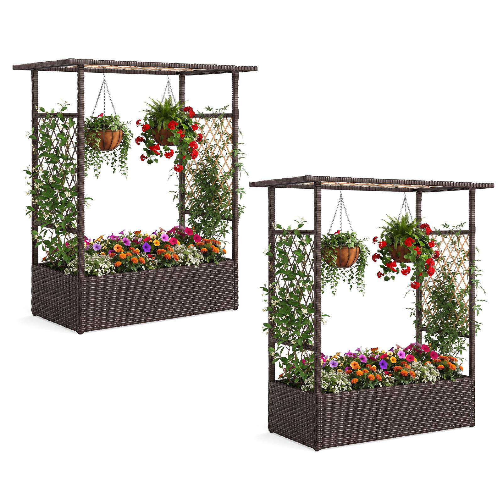 Costway - 2 PCS Raised Garden Bed 2-in-1 Elevated Planter Box with Hanging Roof & Trellises - Mixed Brown