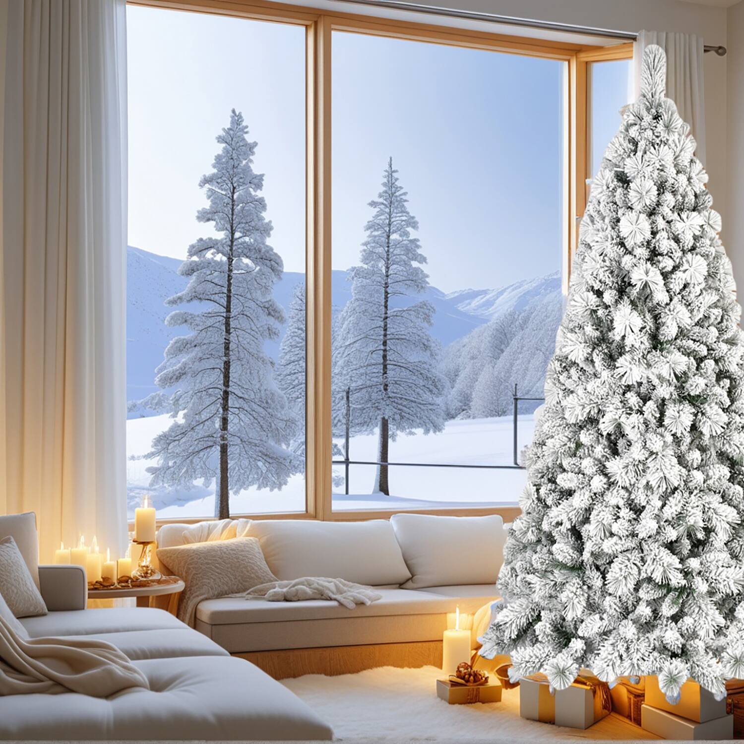 Front. Resenkos - Resenkos Artificial 7.5ft Flock LED-lit Christmas Tree with 1252PVC/Hard Needle Mixed Branch Tips - White.