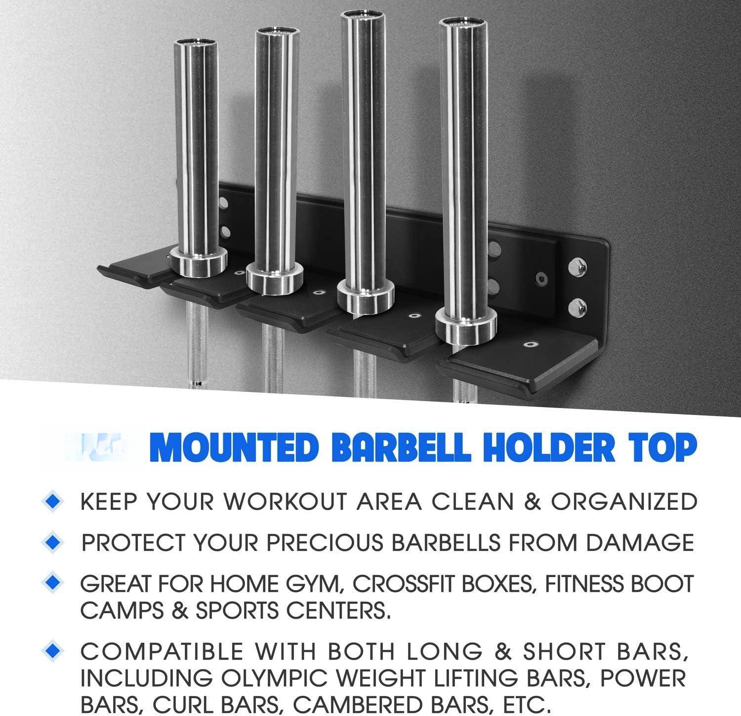 **Mounted Barbell Holder Top**

- Keep your workout area clean & organized
- Protect your precious barbells from damage
- Great for home gym, Crossfit boxes, fitness boot camps & sports centers
- Compatible with both long & short bars, including Olympic weight lifting bars, power bars, curl bars, cambered bars, etc.