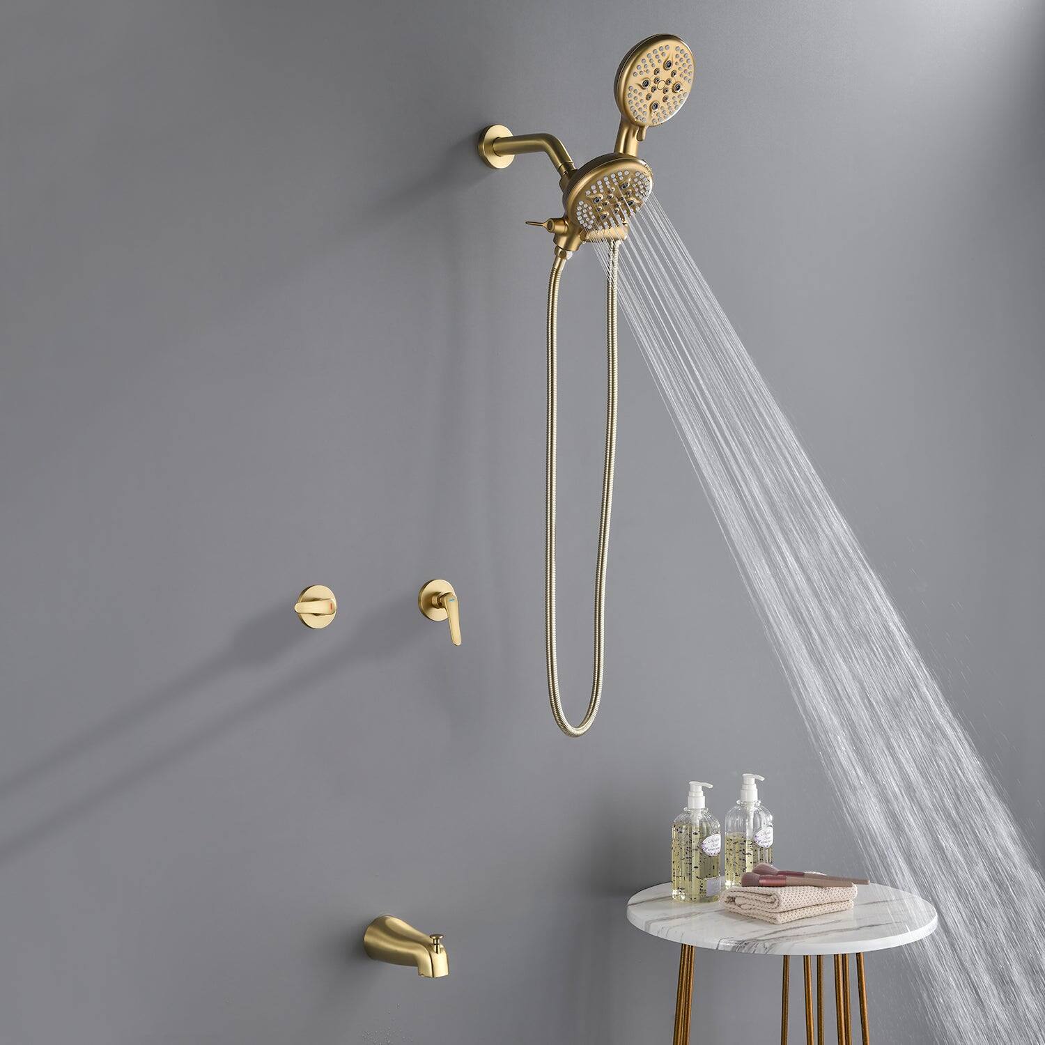 Alt View 4. Boyel Living - Brushed Gold Shower Set with Dual Handles 5 Function Dual ABS Shower Heads and Tub Spout - Brushed Gold.