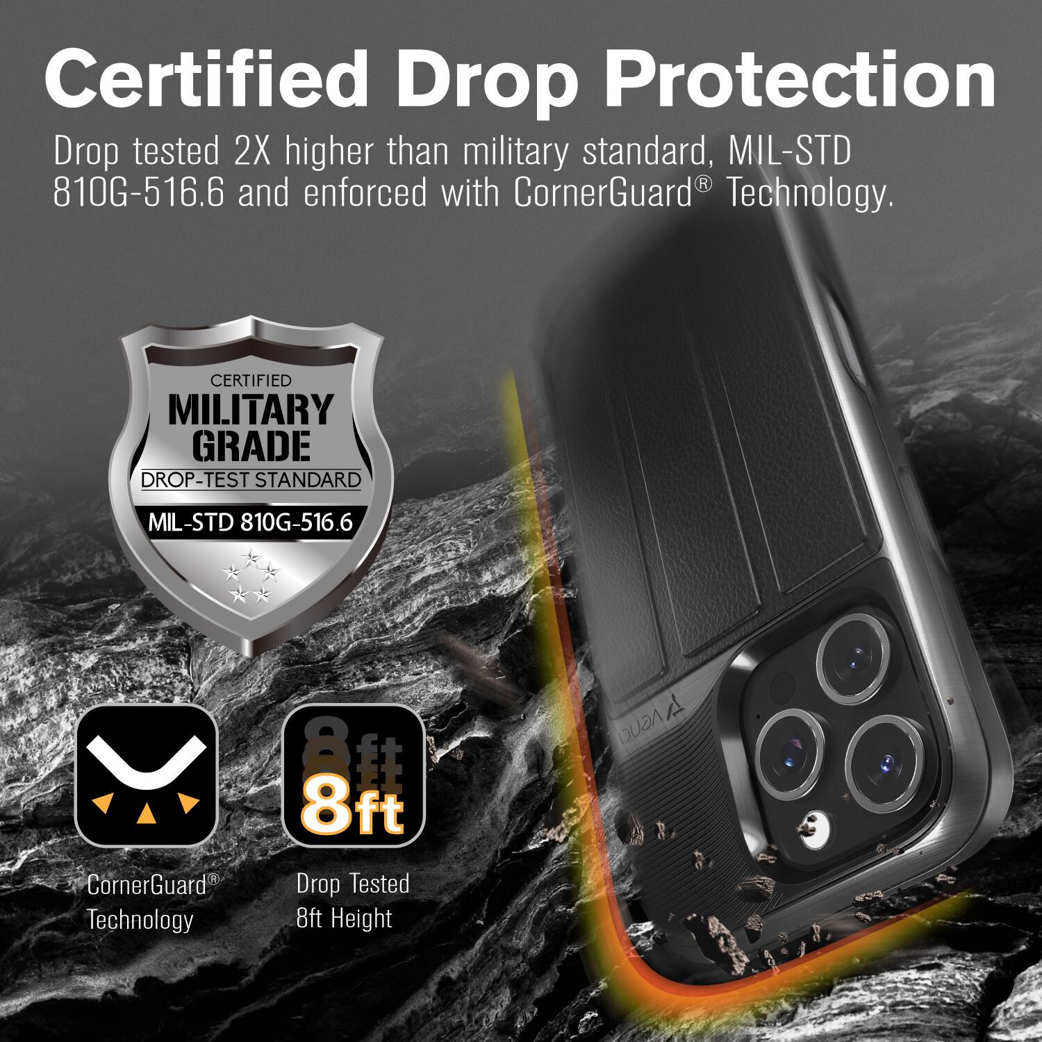 Certified Drop Protection, Drop tested 2X higher than military standard, MIL-STD 810G-516.6 and enforced with CornerGuard Technology. CERTIFIED MILITARY GRADE DROP-TEST STANDARD MIL-STD 810G-516.6 CornerGuard Technology 8ft Drop Tested 8ft Height