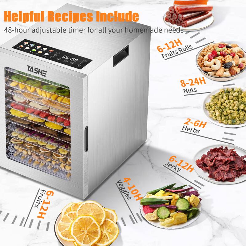 Helpful Recipes Include  
48-hour adjustable timer for all your homemade needs  

- Fruits: 6-12H  
- Herbs: 2-6H  
- Veggies: 4-10H  
- Jerky: 6-12H  
- Fruits Rolls: 6-12H  
- Nuts: 8-24H
