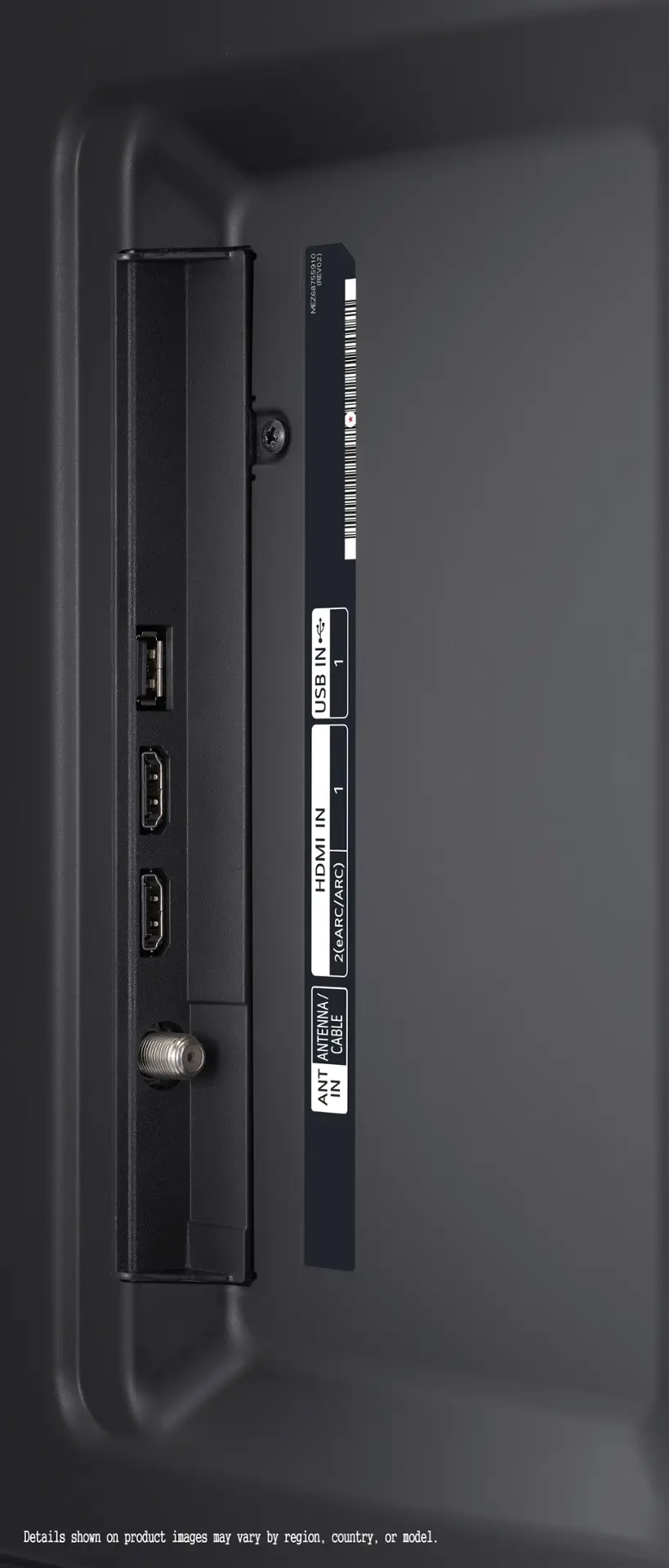 The text on the image reads: "MEZ68MS9U EOAR 4 o IN USB 1 1 IN HDMI 2(eARC/ARC) ANTENNA/ CABLE ANT IN Details shown on product images may vary by region, country, or model."