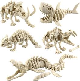 JuzToys - 5PCS 3D Printed Dinosaur Skeletons Fidget Toys, Mosasaurus Ankylosaurus Mammoth Shark Saber Tiger Dragon Toy by PowerTRC - White