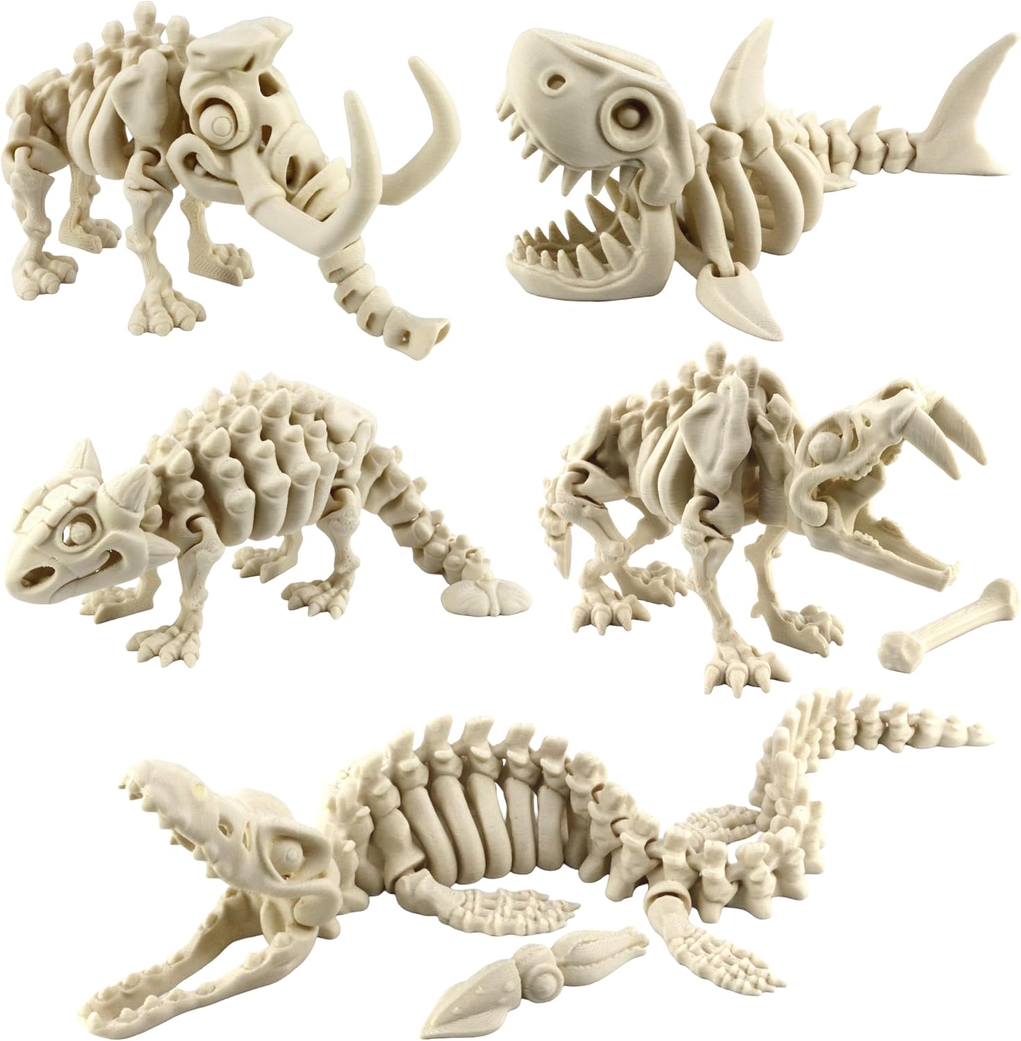 5PCS 3D Printed Dinosaur Skeletons Fidget Toys, Mosasaurus Ankylosaurus Mammoth Shark Saber Tiger Dragon Toy by PowerTRC