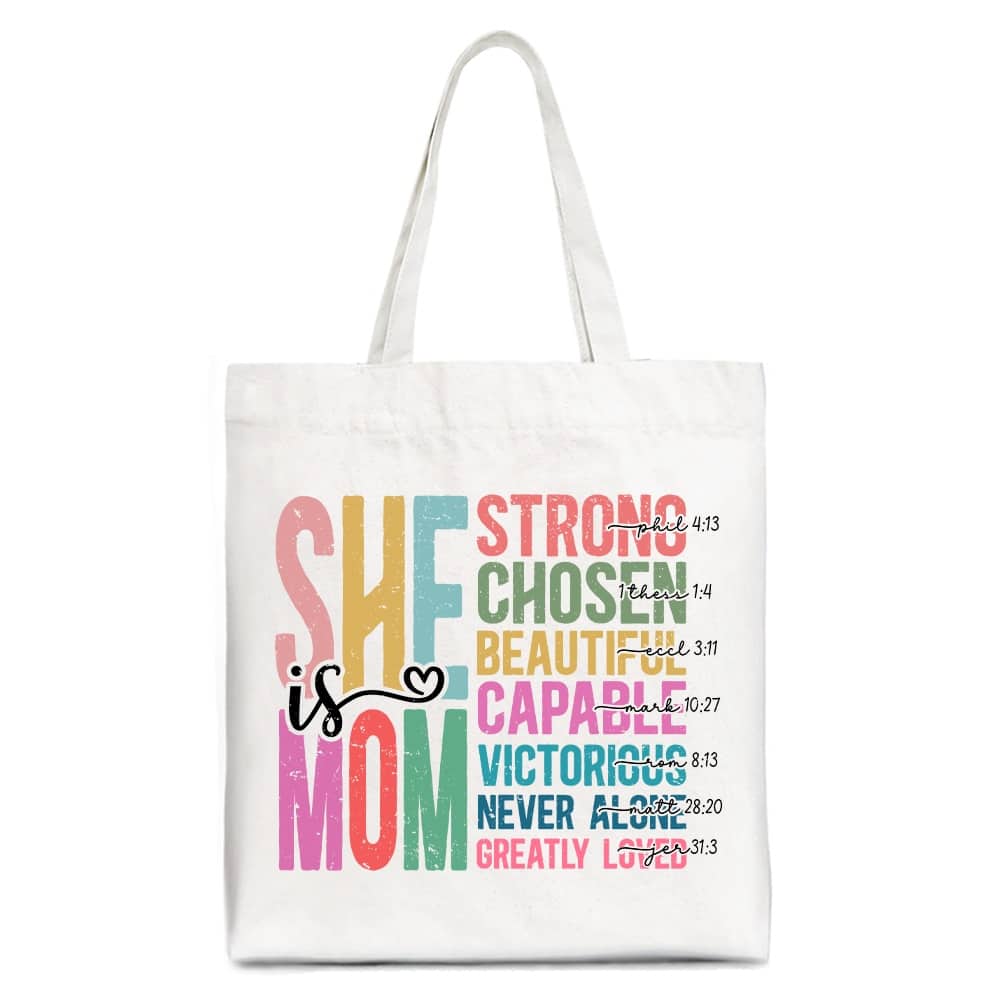 OrnamentallyYou - Inspirational Christian Mom Canvas Tote Bag, Affirmation Gift Shopper for Strong and Motivated Mothers - White