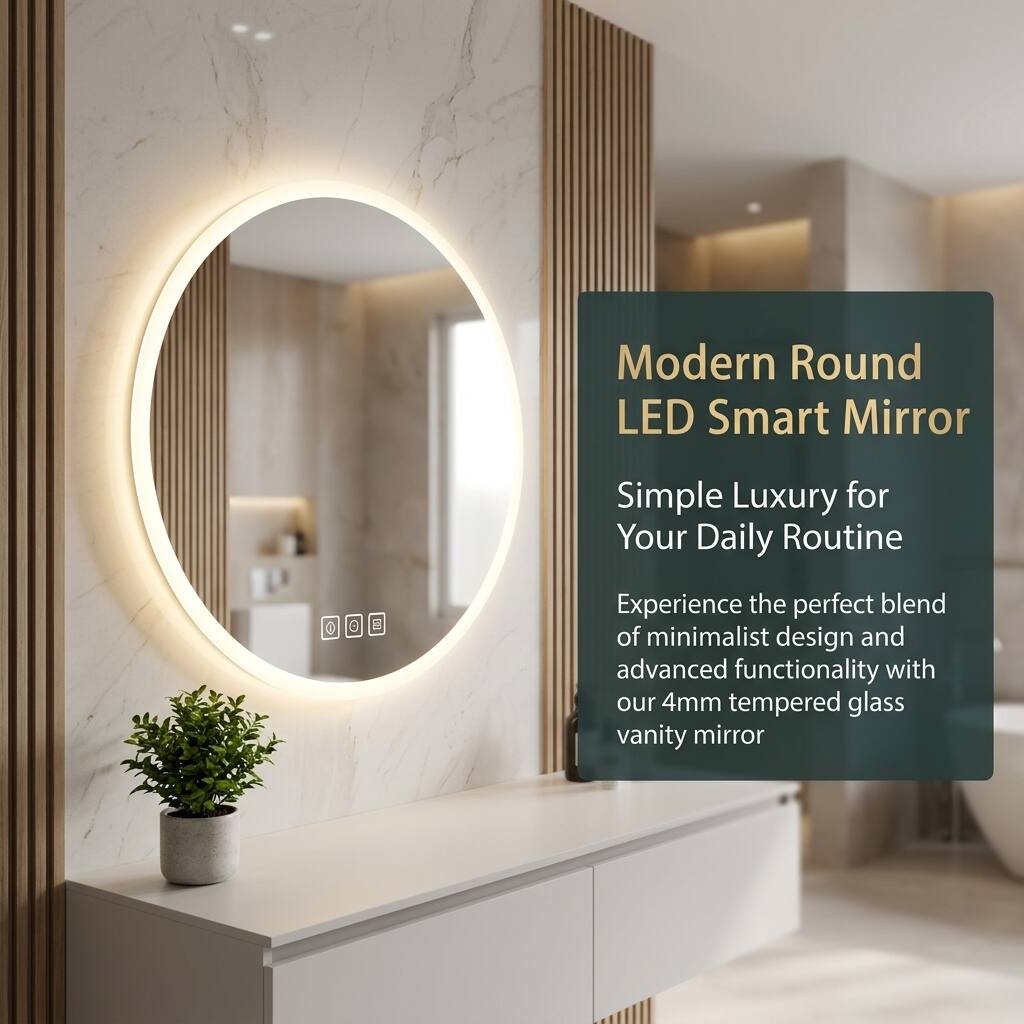 Modern Round LED Smart Mirror  
Simple Luxury for Your Daily Routine  

Experience the perfect blend of minimalist design and advanced functionality with our 4mm tempered glass vanity mirror