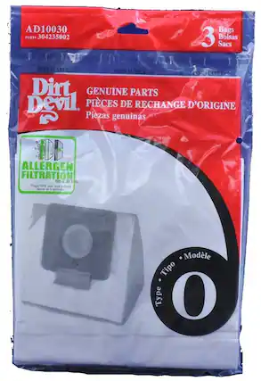 AD10030
PART# 304235002
3 Bags
Bolsas
Sacs
RESEALABLE
Dirt Devil
GENUINE PARTS
PIÈCES DE RECHANGE D'ORIGINE
Piezas genuinas
ALLERGEN FILTRATION MEDIA
Traps 99% dust and pollens down to 5 microns
Modelo
Tipo
Type
0