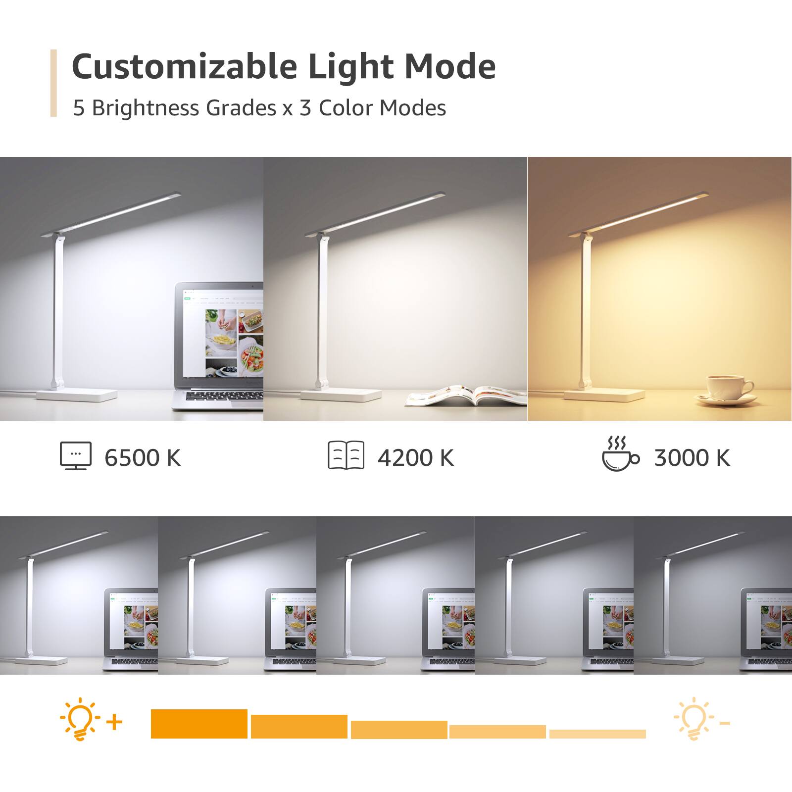 Customizable Light Mode  
5 Brightness Grades x 3 Color Modes  

6500 K  
4200 K  
3000 K