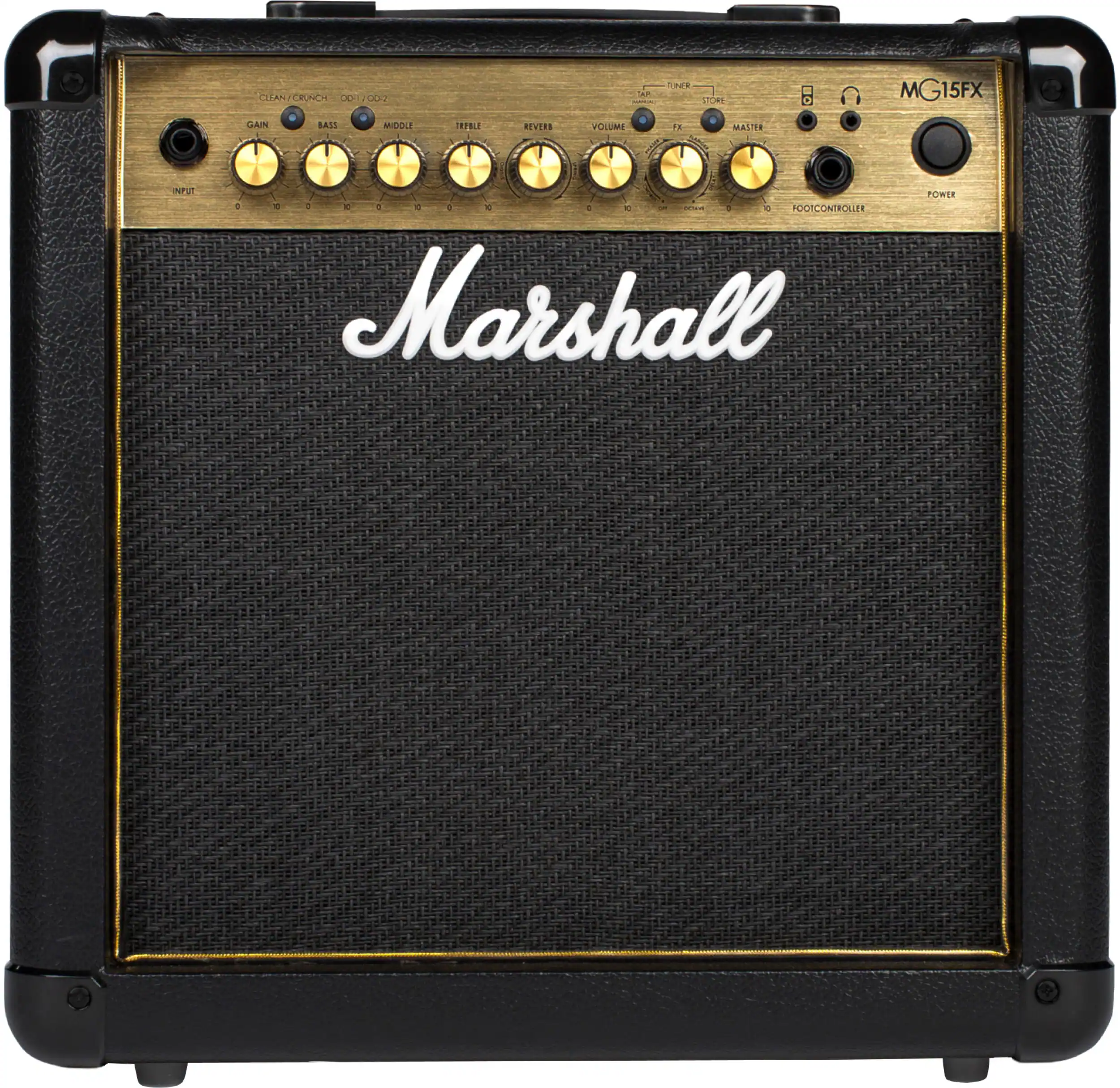 Sure, here is the corrected and grouped text from the image:
---
**Marshall**
**MG15FX**
**CLEAN / CRUNCH**
**GAIN**
**BASS**
**MIDDLE**
**TREBLE**
**REVERB**
**VOLUME**
**FX**
**MASTER**
**FOOT CONTROLLER**
**POWER**
**INPUT**
**OUTPUT**
**TAP**
**TUNER**
**VOLUME**
**FX**
**MASTER**
**FOOT CONTROLLER**
**POWER**
---
This text is organized to reflect the layout and labels on the amplifier.