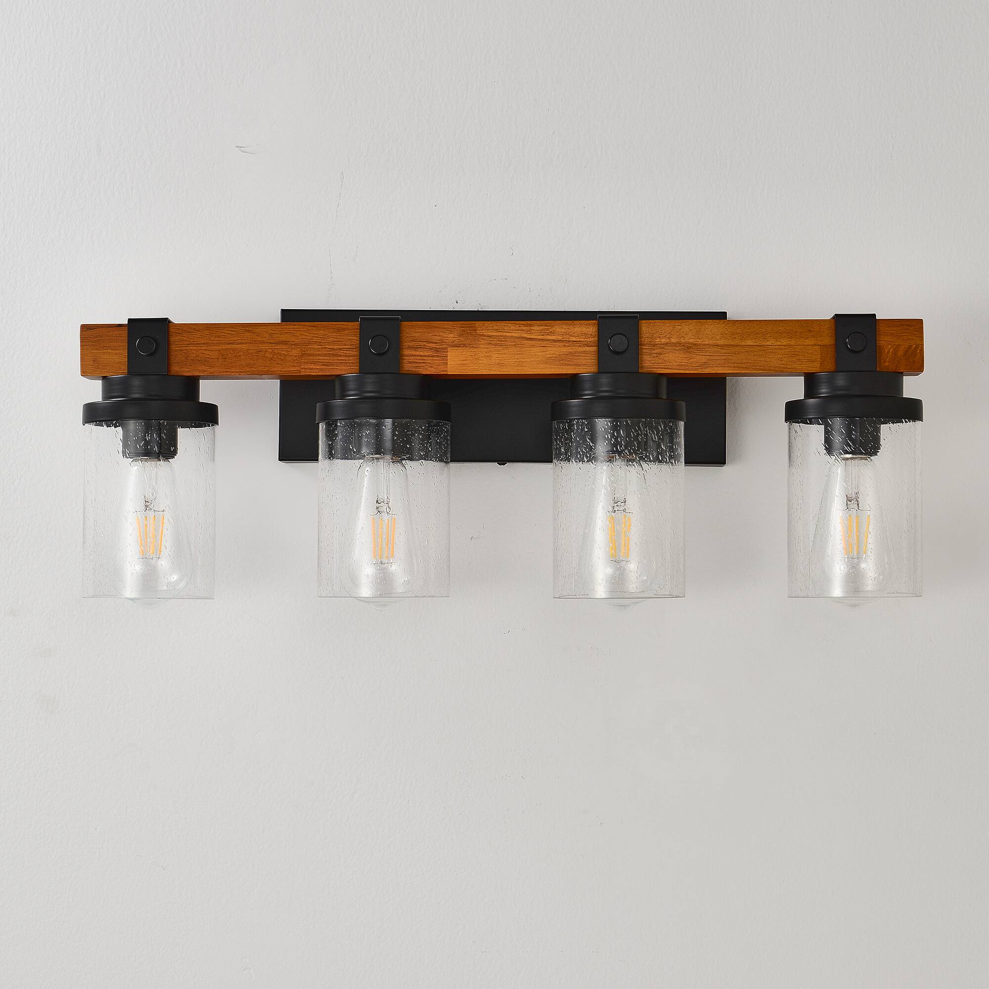 Back. TinyHomie - 4 Light Matte Black And Wooden Wall Lamps With Glass Lamp Shade No Bulbs For Dinning Room Hallway Bedroom.
