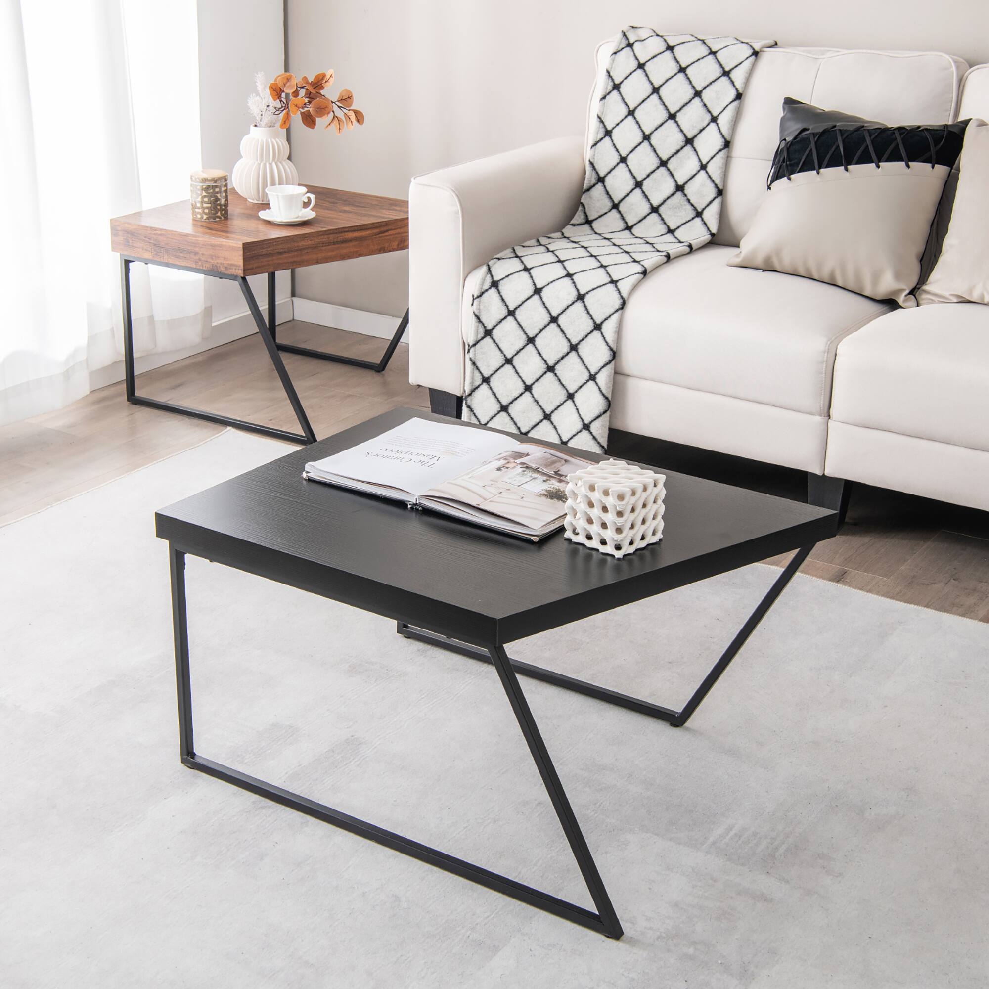 Left. Costway - Nesting Table Modern Coffee Table Set of 2 Stacking Side Table for Living Room - Black and Brown.