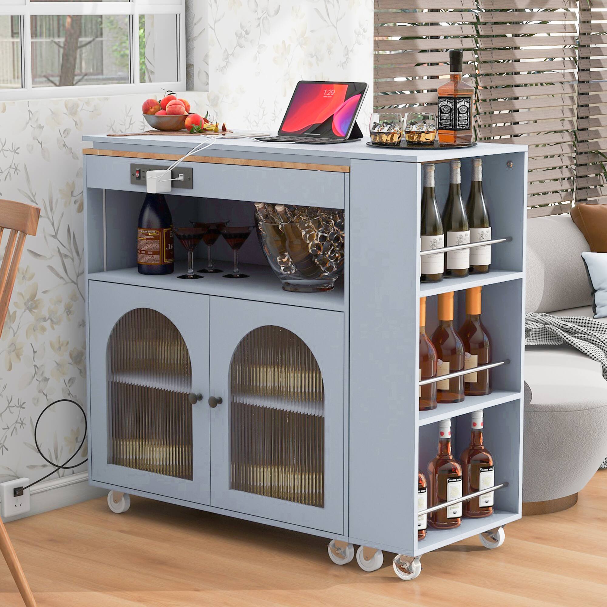 Angle. PexFix - Rolling Kitchen Island Cart with Extended Table, LED Lighting and Power Outlets - Gray.