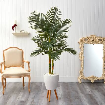 Front. BreeBe - 5.5' Golden Cane Artificial Palm Tree in White Planter - Green.