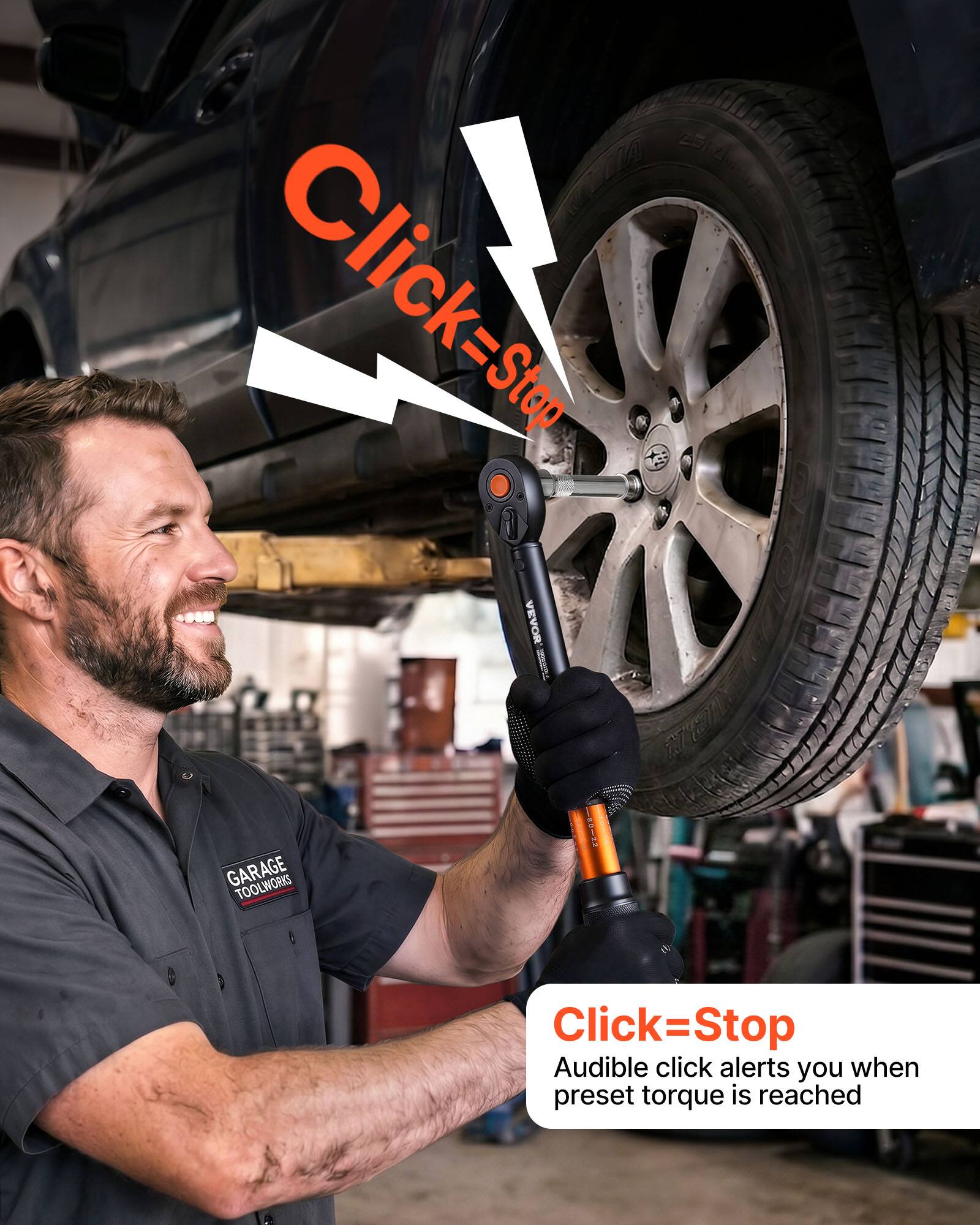 TELIA A Click-Ston 1 VEVOR - GARAGE TOOLWORKS

Click=Stop

Audible click alerts you when preset torque is reached