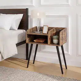 WELLFOR - Mid-Century Modern Nightstand with Open Shelves - Brown