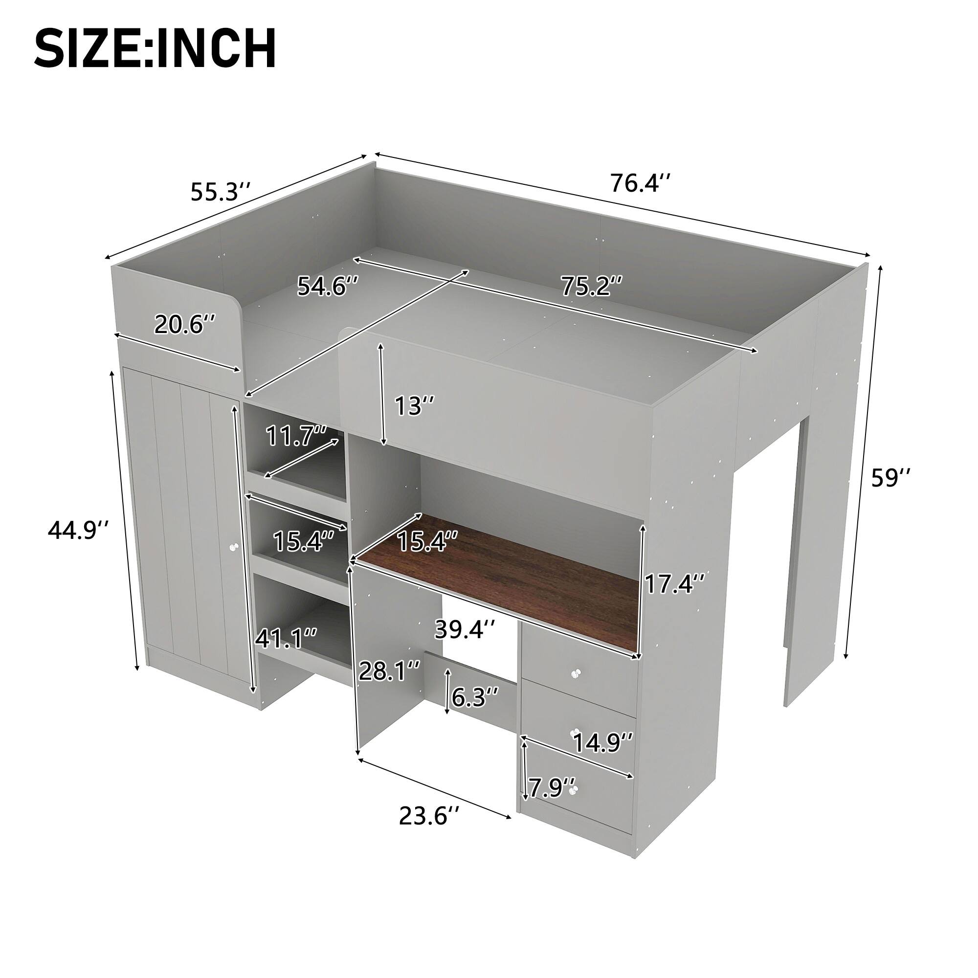 SIZE: INCH  
55.3" 76.4" 20.6" 54.6" 75.2" 11.7" 13" 59" 44.9" 15.4" 15.4" 17.4" 41.1" 39.4" 28.1" 6.3" 14.9" 7.9" 23.6"