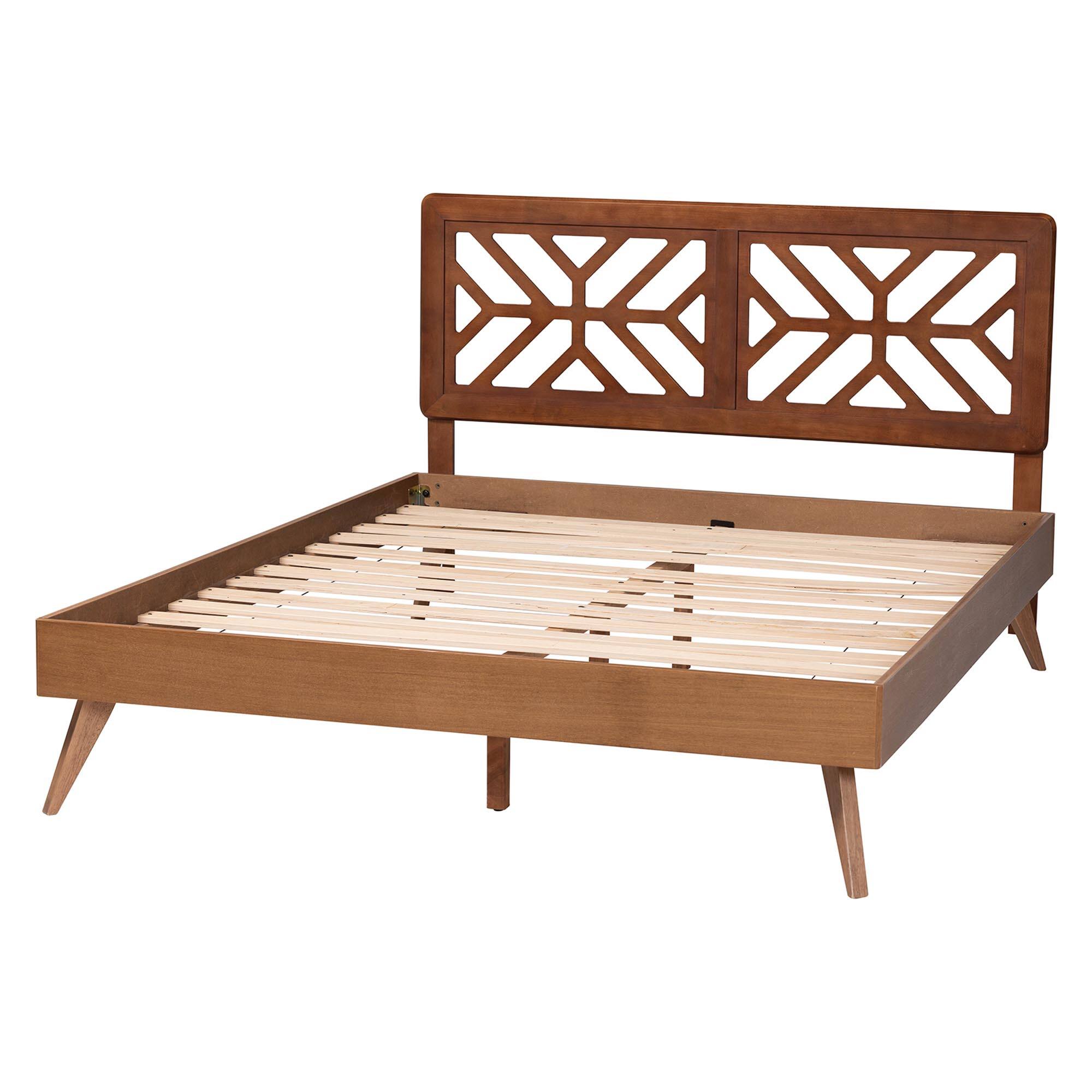 Left. Baxton Studio - Kirabo Platform Bed - Mid-Century Modern Bed with Cutout Headboard and Rounded Legs for Modern or Boho Bedrooms, Queen - Ash Walnut.