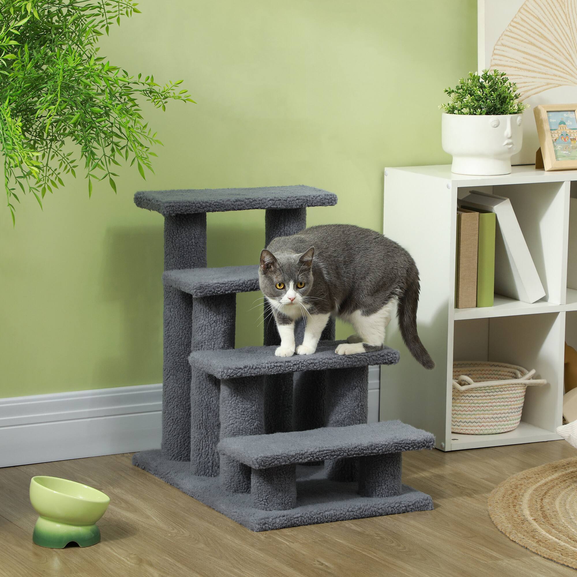 Angle. Pawhut - 25" 4-Step Multi-Level Carpeted Cat Scratching Post Pet Stairs - Grey.