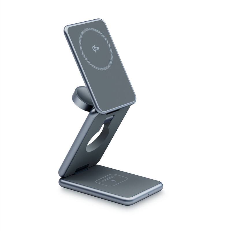 Front. SKRAN - 3-in-1 Magnetic Wireless Charger - Qi2 Certified Wireless Charging Station with MagSafe, Metal Tri-Fold Stand - Black.