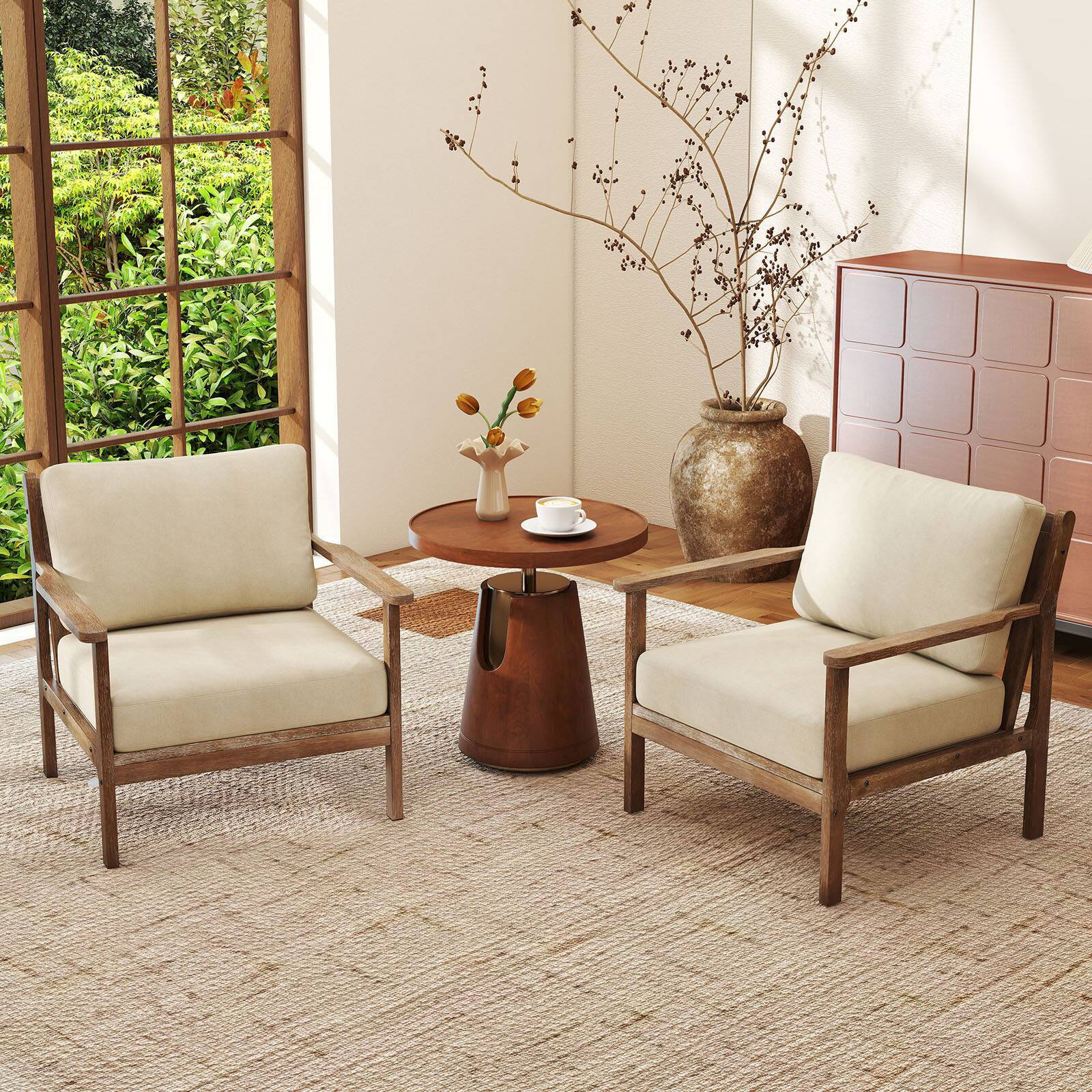 Alt View 4. Costway - Costway Modern Accent Chair with Solid Rubber Wood Armrests Cotton Linen Fabric Covers - Beige.