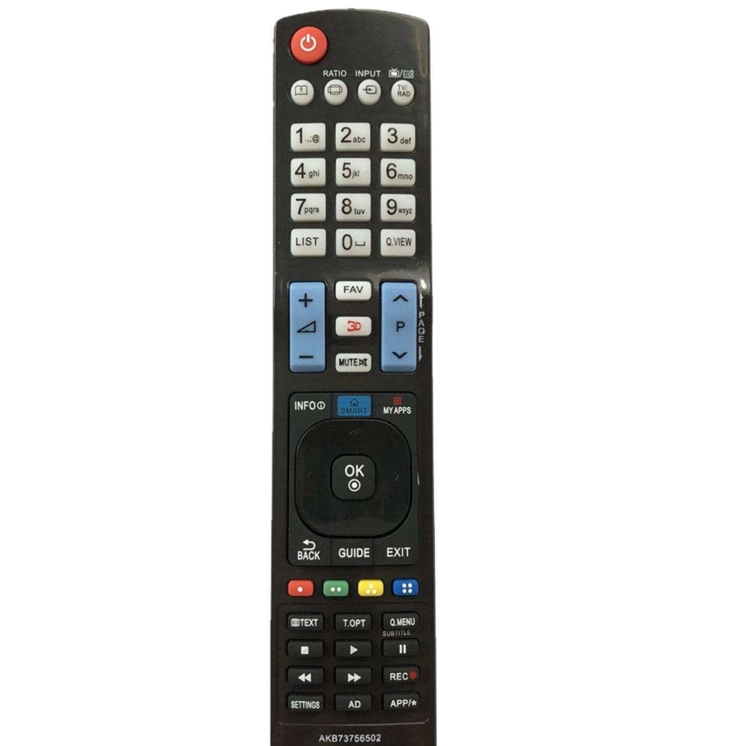 Sure, here is the corrected and grouped text from the image:

---

**Top Section:**
- RATIO
- INPUT
- TV
- RAD

**Number Pad:**
- 1
- 2 abc
- 3 def
- 4 ghi
- 5 jkl
- 6 mno
- 7 pqrs
- 8 tuv
- 9 wxyz
- 0

**Additional Buttons:**
- LIST
- Q.VIEW
- FAV
- 3D
- MUTE
- PAGE
- INFO
- SMART
- MY APPS
- OK
- BACK
- GUIDE
- EXIT
- TEXT
- T.OPT
- Q.MENU
- SUBTITLE
- REC
- APP/+
- SETTINGS
- AD

**Bottom Section:**
- AKB73765602

---

This should accurately reflect the layout and text on the remote control.