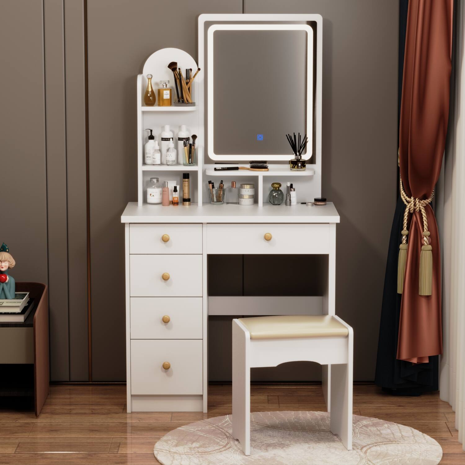 Alt View 7. Famapy - Vanity Table with Stool: Organized Beauty Station for Your Daily Routine - White.