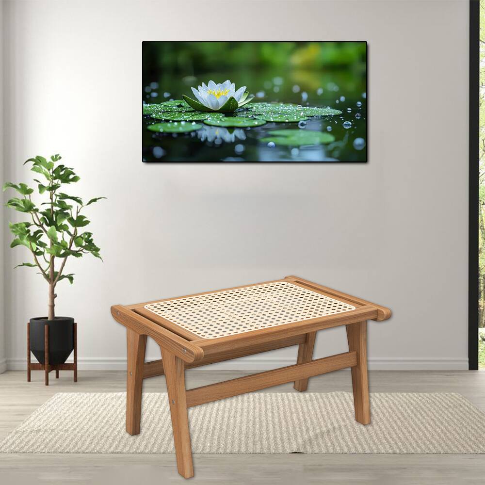 Front. Hivvago - Handwoven Rattan Footrest Stool Crafted from Natural Teak Wood - Natural.